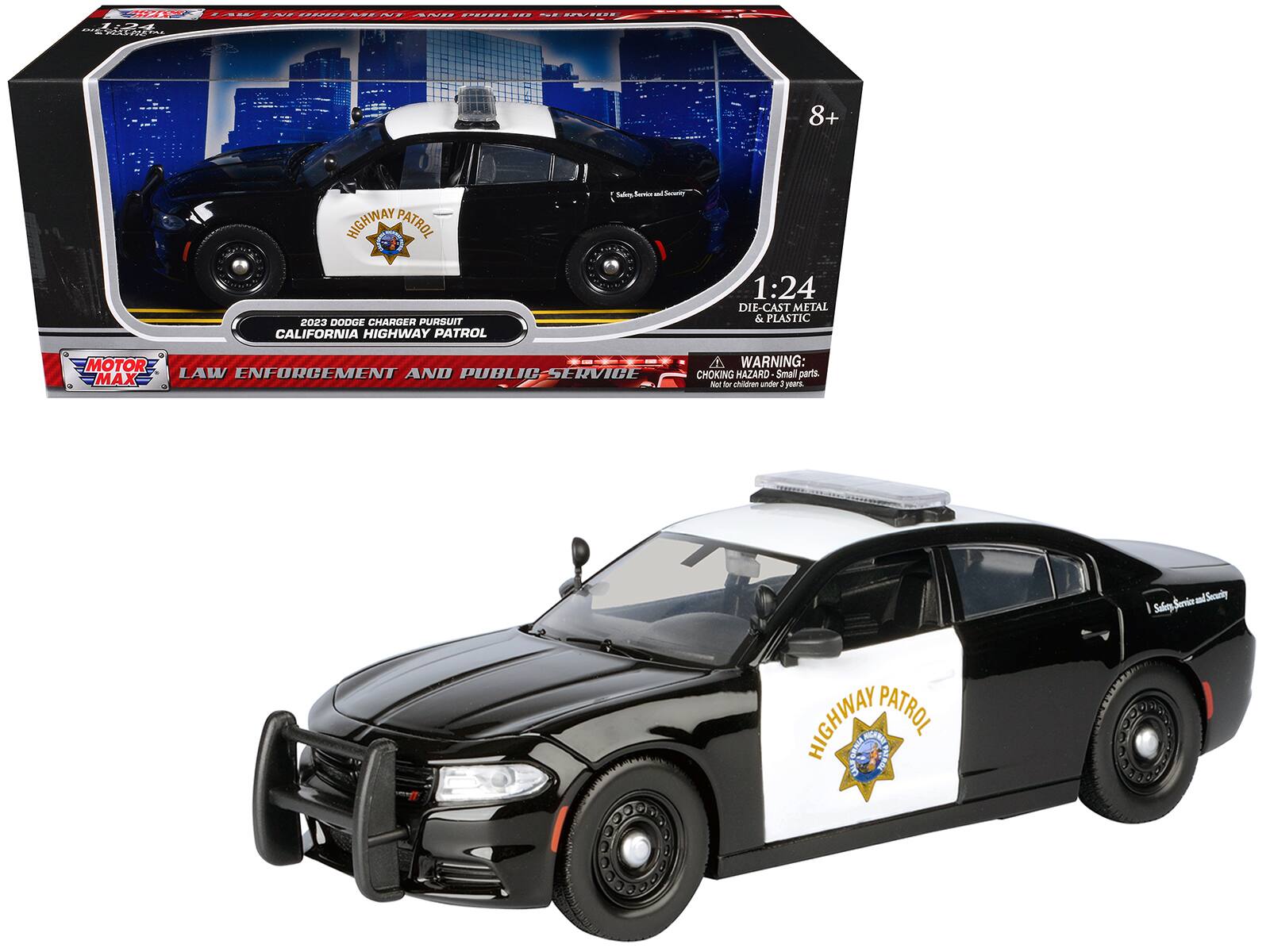 Sure, here is the corrected and grouped text from the image:

---

**Front of the Box:**

- **Top Left Corner:**
  - "1:24"
  - "DIE-CAST METAL & PLASTIC"

- **Top Right Corner:**
  - "8+"

- **Main Text:**
  - "2023 DODGE CHARGER"
  - "CALIFORNIA HIGHWAY PATROL"
  - "PURSUIT"
  - "LAW ENFORCEMENT AND PUBLIC SERVICE"

- **Bottom Left Corner:**
  - "MOTOR MAX"

- **Bottom Right Corner:**
  - "WARNING: CHOKING HAZARD - Small parts. Not for children under 3 years."

- **Side Text:**
  - "Safety Service and Security"

---

**Side of the Box:**

- "1:24"
- "DIE-CAST METAL & PLASTIC"
- "WARNING: CHOKING HAZARD - Small parts. Not for children under 3 years."

---

**Car:**

- "HIGHWAY PATROL"
- "Safety Service and Security"

---

**Additional Text on the Box:**

- "HE -- NUMEMENT -