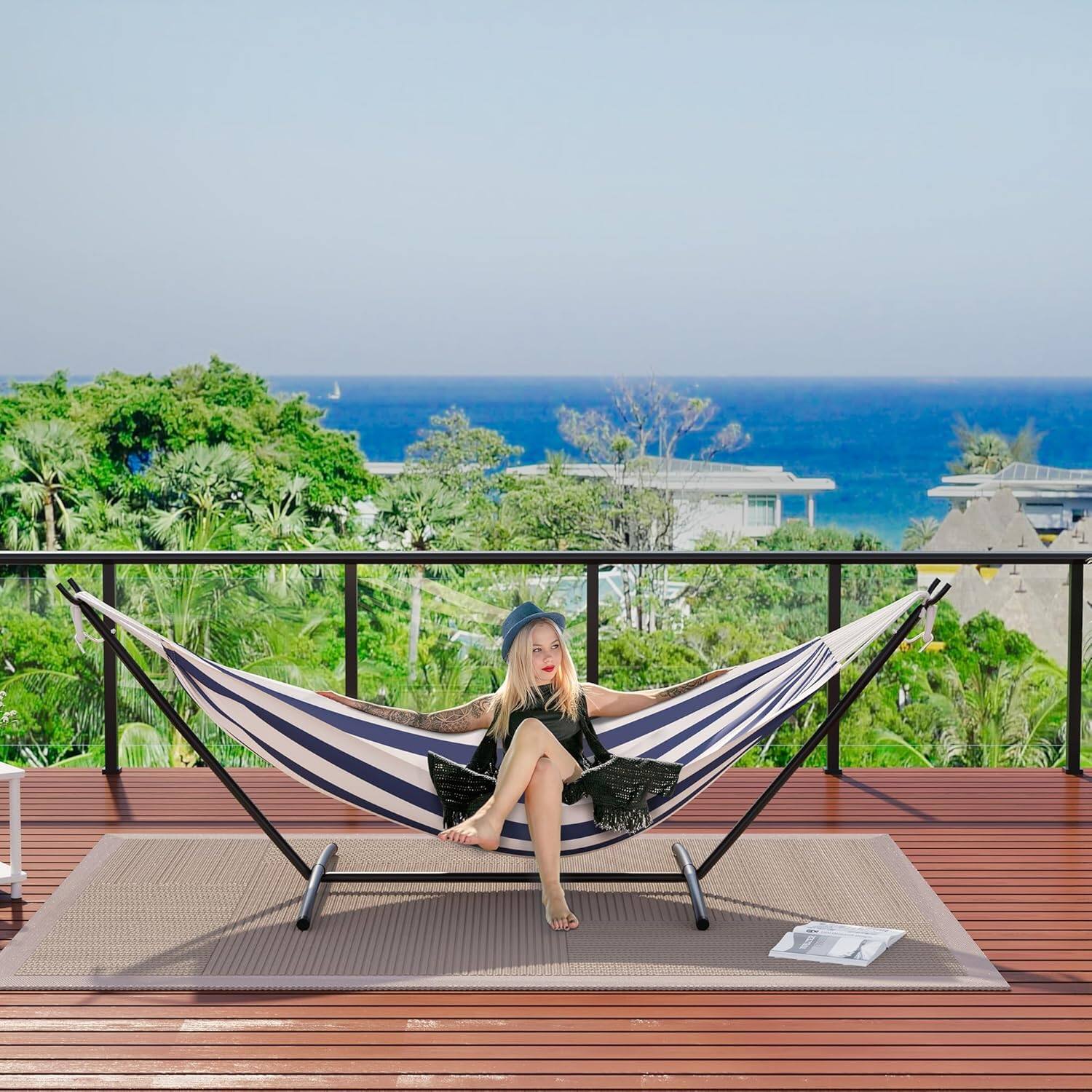 Alt View 3. Homhougo - Double Portable Hammock w/Stand, 475 LB Capacity, Thick Rope & Quilted Pillow.