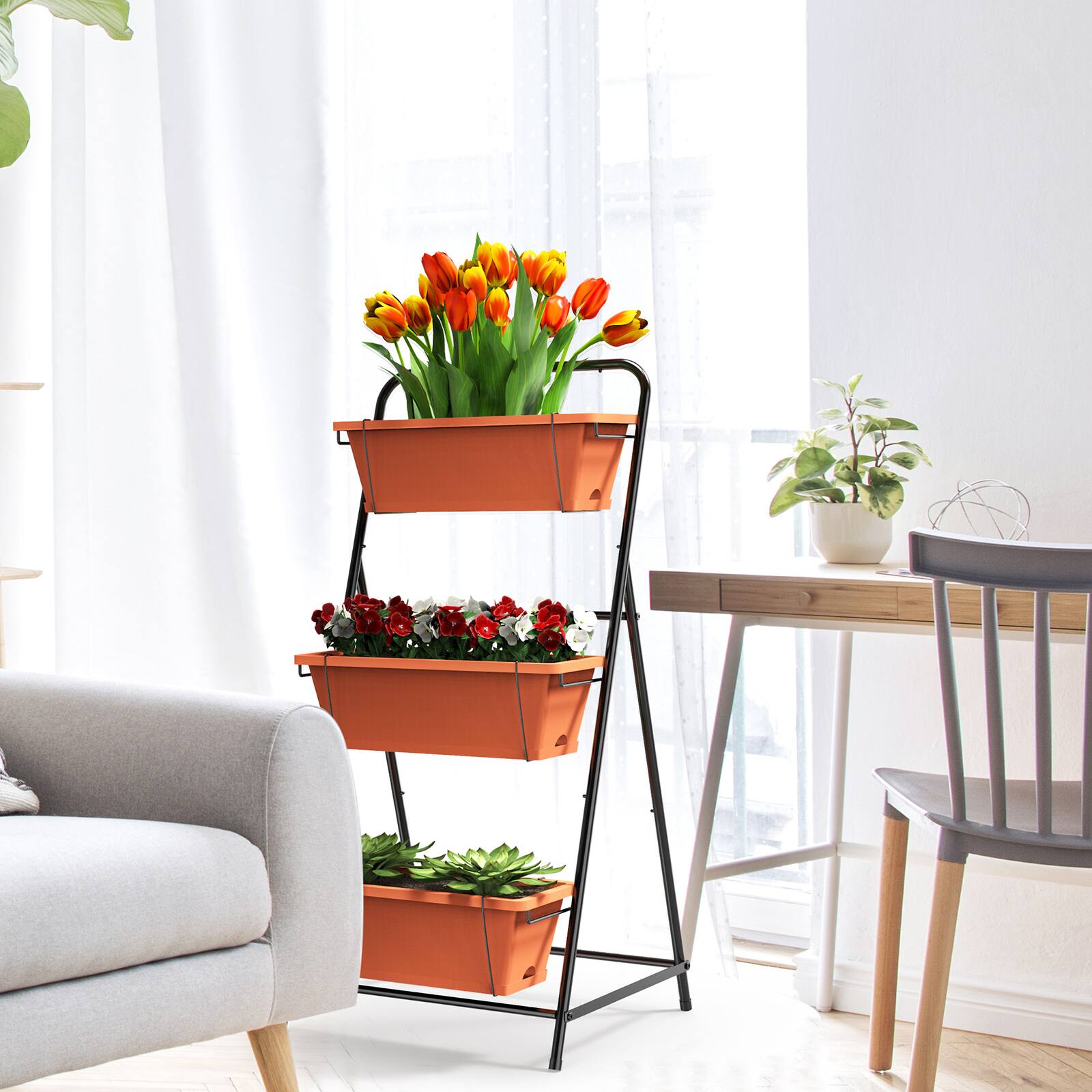 Alt View 1. Oumilen - 3-Tier Vertical Raised Garden Bed, Black A-Frame Metal Plant Stand with 3 Terracotta Plastic Planter Boxes - Black.
