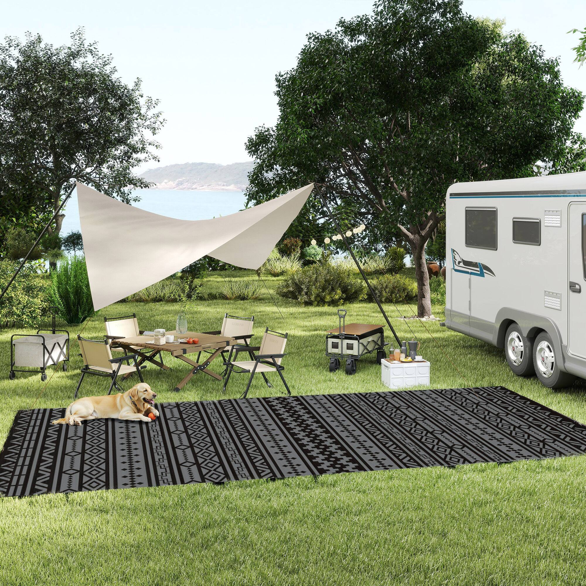 Alt View 7. Outsunny - Outdoor Rug for Patio, 9' x 18' Waterproof Large Mat, Reversible Plastic Straw Rug for Décor - Black and Gray Geometric Wall.