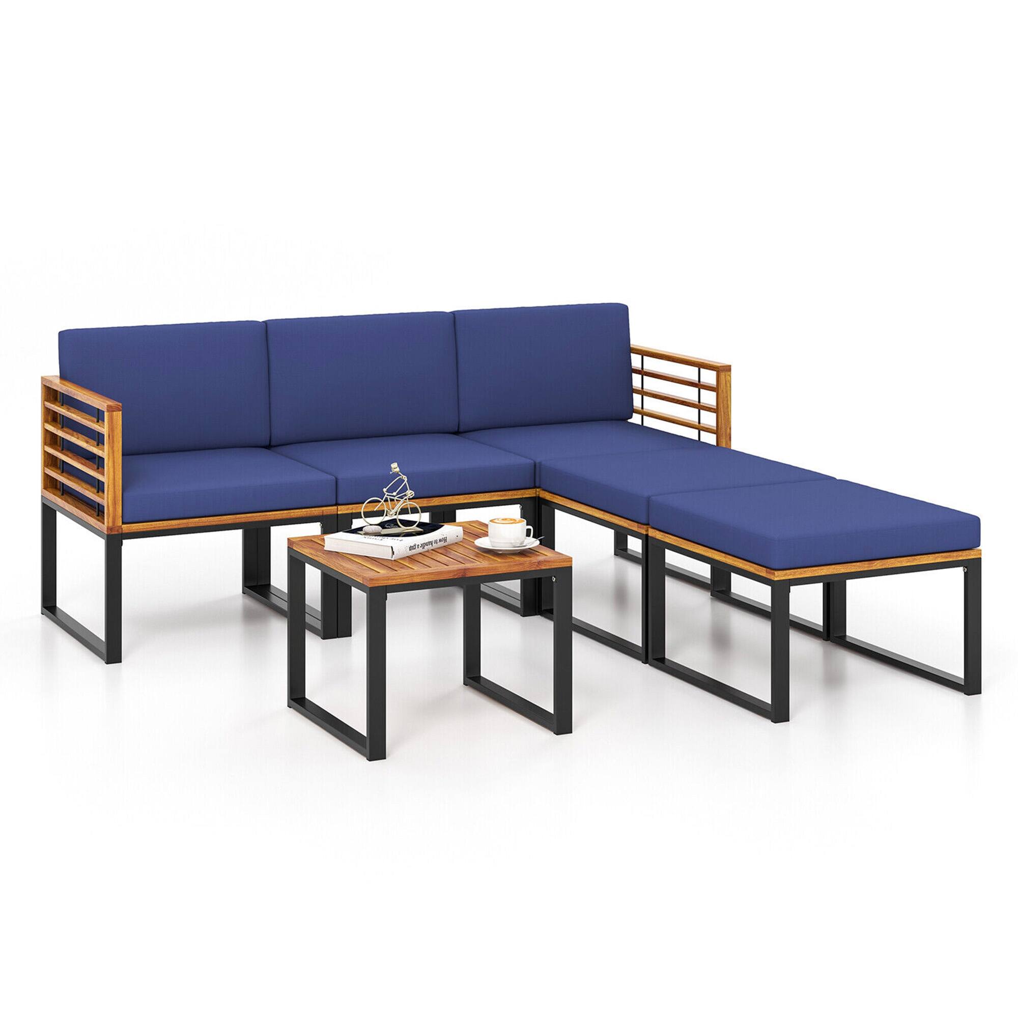Alt View 1. Gymax - Gymax 6PCS Patio Conversation Sofa Set Acacia Wood Outdoor Furniture Set w/ Navy Cushions - Navy.