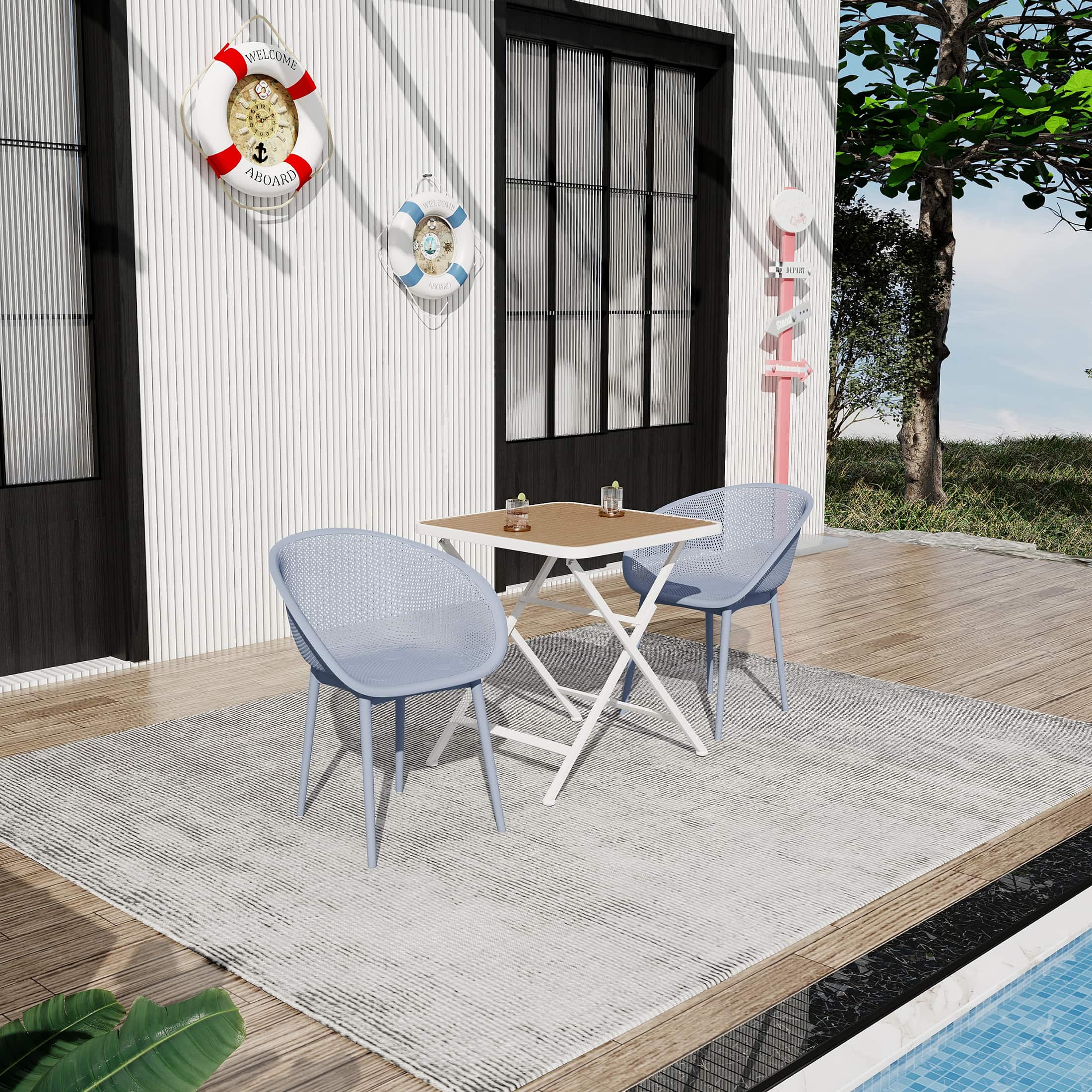 Mondawe - 3-Piece Outdoor Dining Set – Square Folding Table with 2 Lounge Chairs - Blue+White