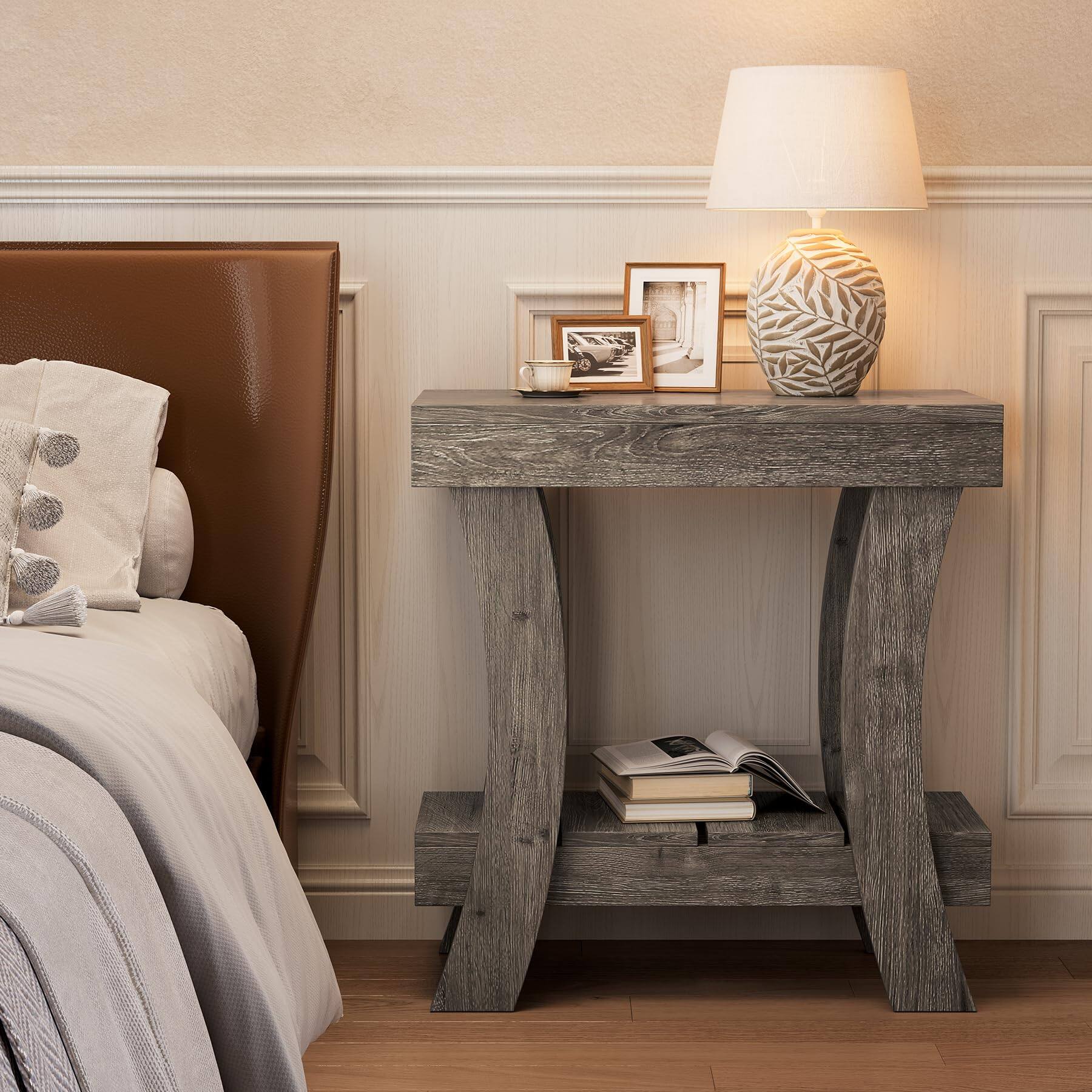 Back. Tribesigns - LITTLE TREE Narrow Side Table with Storage, 2-Tier Rectangular End Table - Grey.
