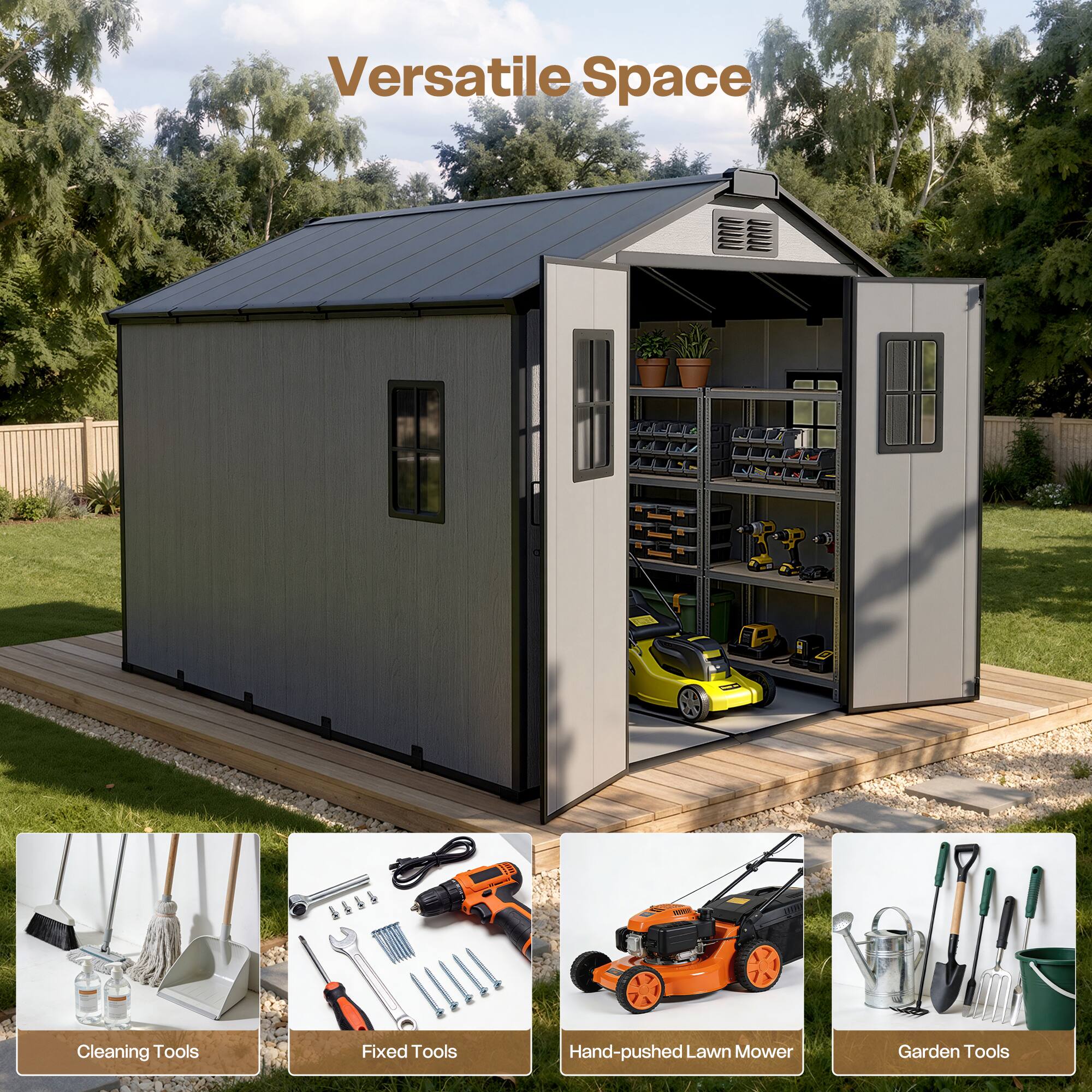 Versatile Space

- Cleaning Tools
- Fixed Tools
- Hand-pushed Lawn Mower
- Garden Tools