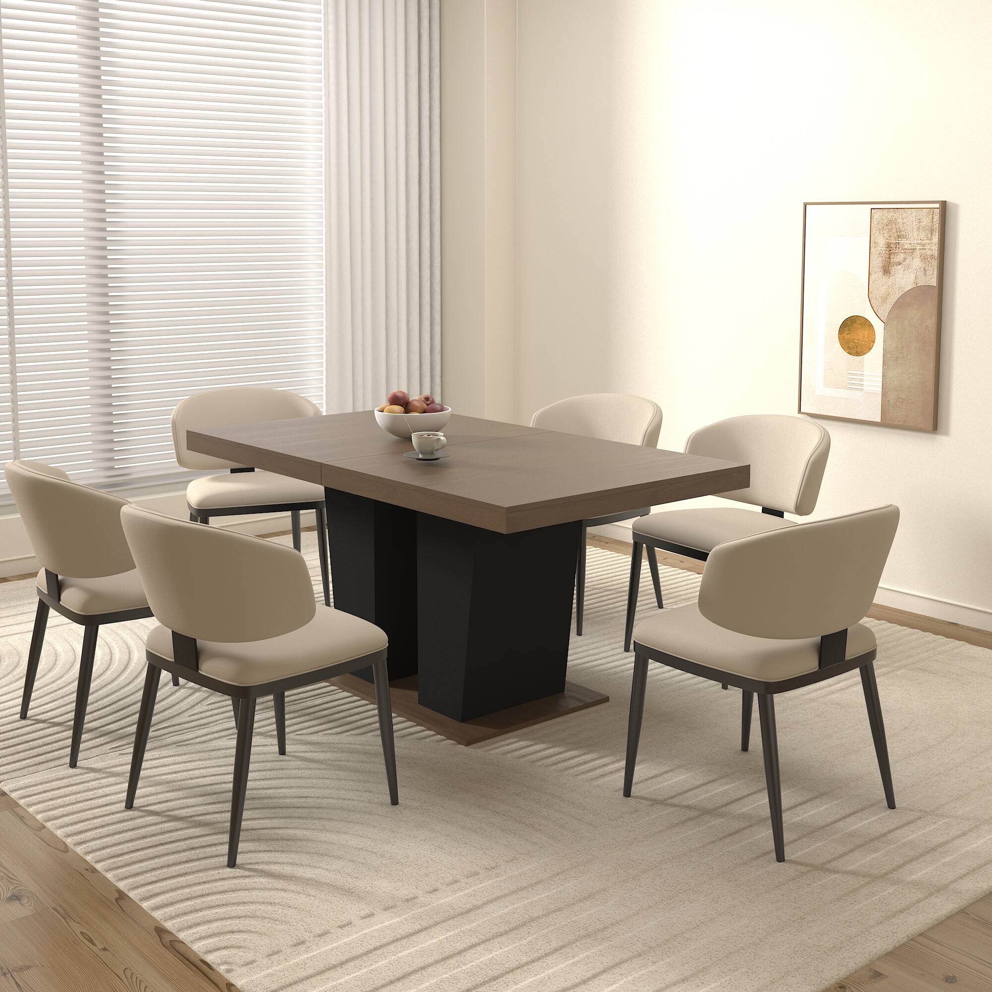 Left. Tiramisubest - Extendable Dining Table for 4-10 People, Large Rectangle Dining Table with Black Double Sturdy Pedestal Base - Beige+Brown.