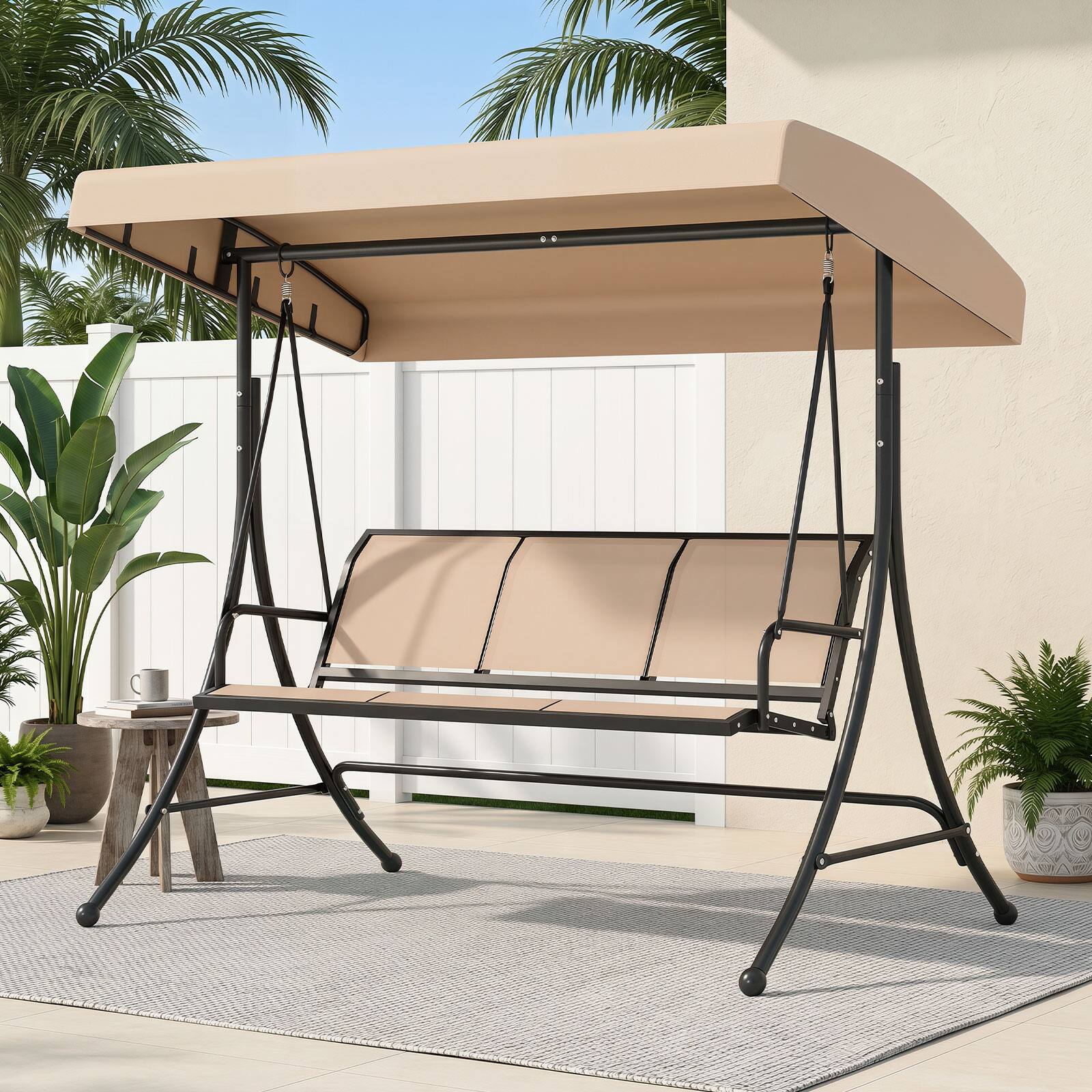 Alt View 3. Costway - Costway 3-Seat Patio Swing Chair, Outdoor Swing with Adjustable Canopy, Heavy-Duty Stand - Beige + Black.