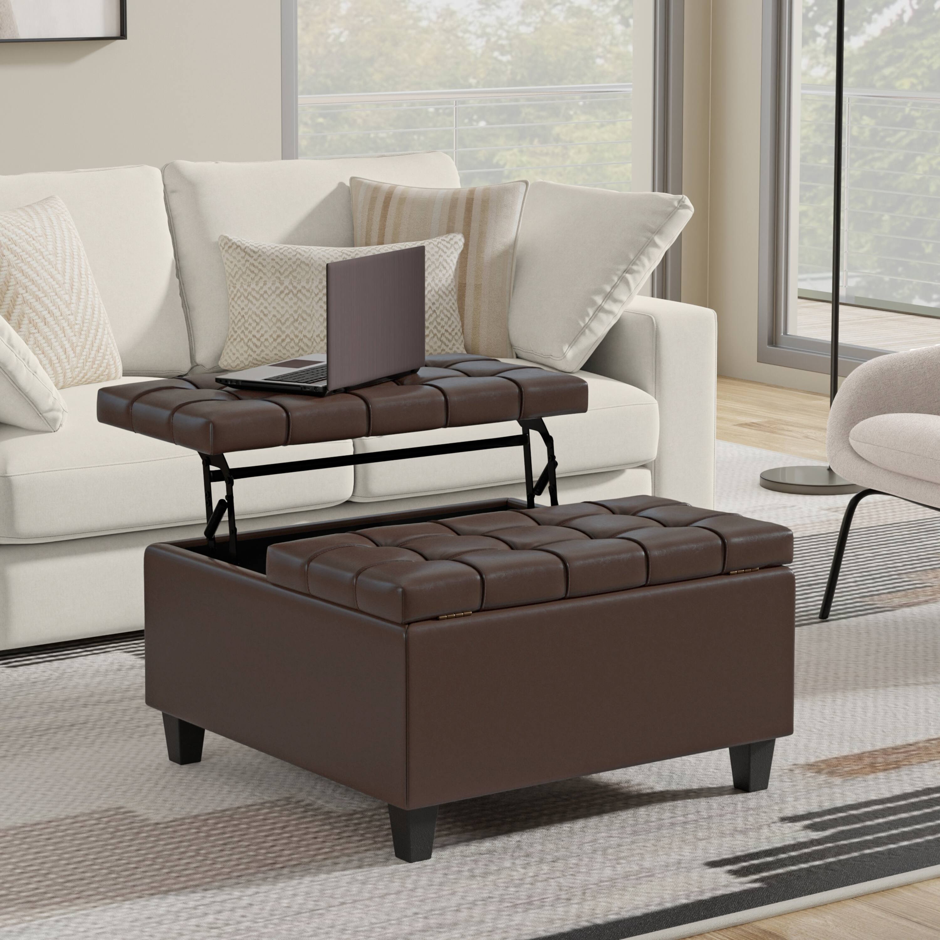 Angle. Simpli Home - Harrison 30 inch Wide Small Square Coffee Table Storage Ottoman in Chocolate Brown Vegan Leather - Chocolate Brown.