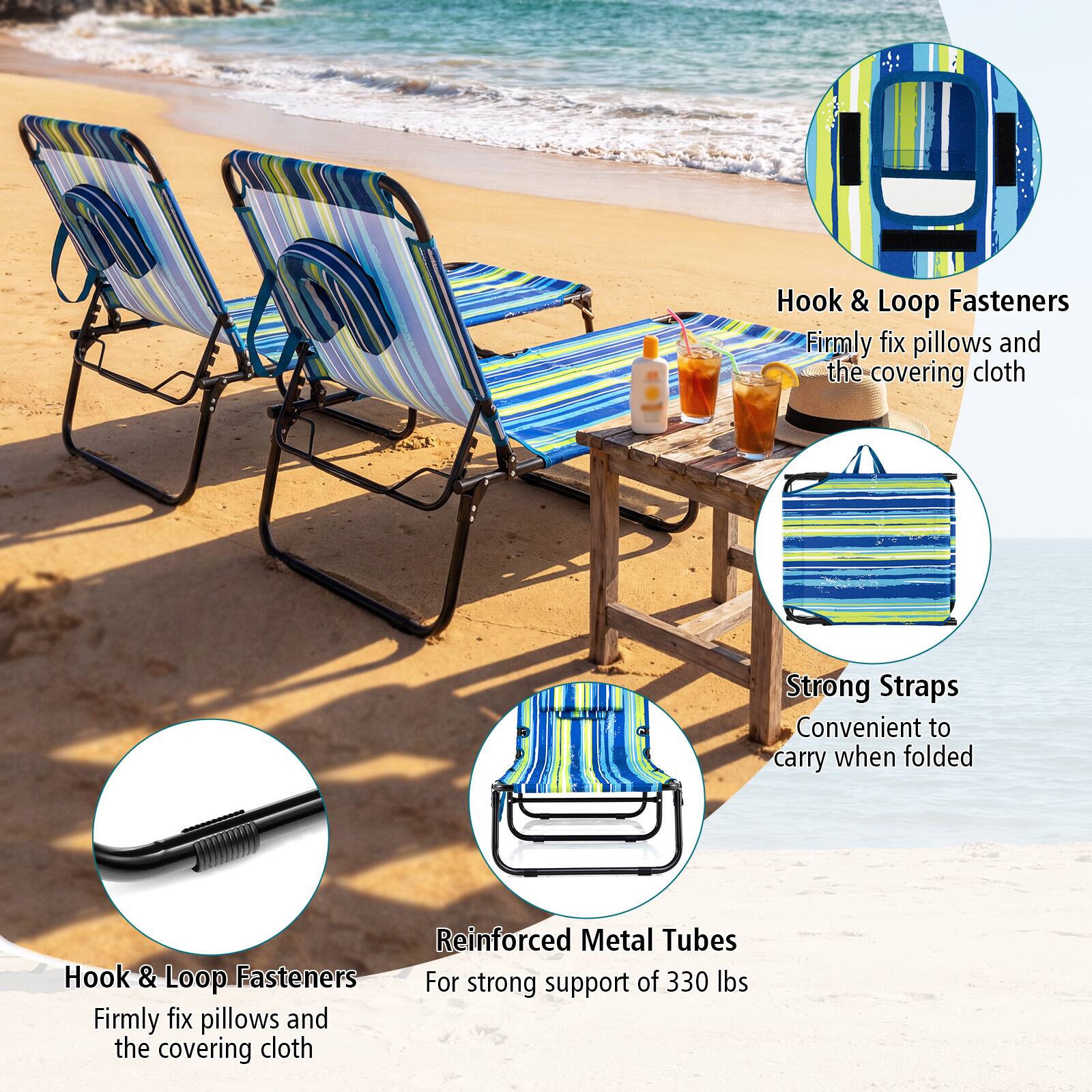 - Hook & Loop Fasteners: Firmly fix pillows and the covering cloth
- Strong Straps: Convenient to carry when folded
- Reinforced Metal Tubes: For strong support of 330 lbs