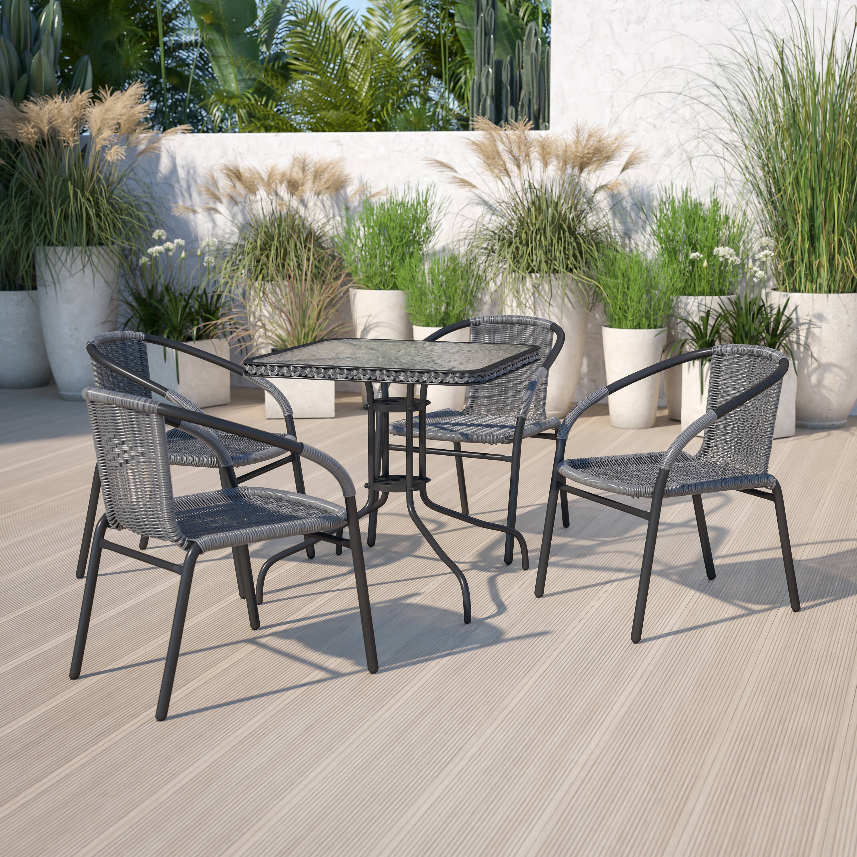 Alt View 2. Emma + Oliver - 4 Pack Rattan Indoor-Outdoor Restaurant Stack Chair with Curved Back - Gray.