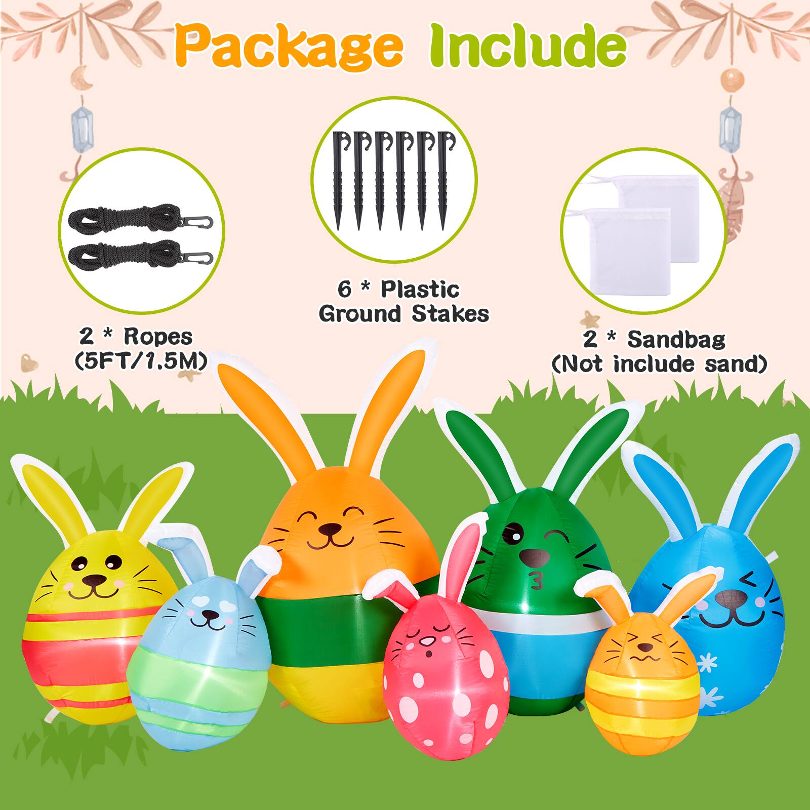 Package Include

2 * Ropes (5FT/1.5M)

6 * Plastic Ground Stakes

2 * Sandbag (Not include sand)