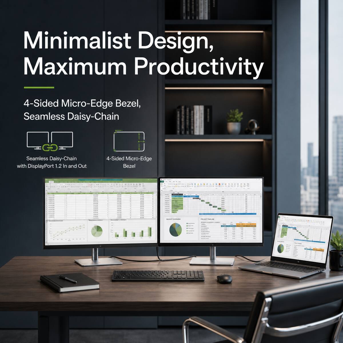 Minimalist Design, Maximum Productivity

4-Sided Micro-Edge Bezel, Seamless Daisy-Chain

Seamless Daisy-Chain with DisplayPort 1.2 In and Out

4-Sided Micro-Edge Bezel
