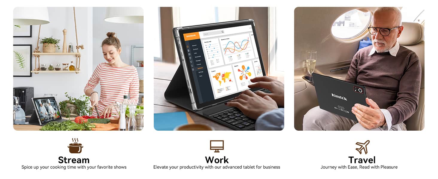 Sure, here is the corrected and grouped text:
---
**Stream**
Spice up your cooking time with your favorite shows
**Work**
Elevate your productivity with our advanced tablet for business
**Travel**
Journey with Ease, Read with Pleasure
---