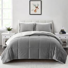 Hivvago - King Plush Microfiber Reversible Comforter Set in Grey - Gray