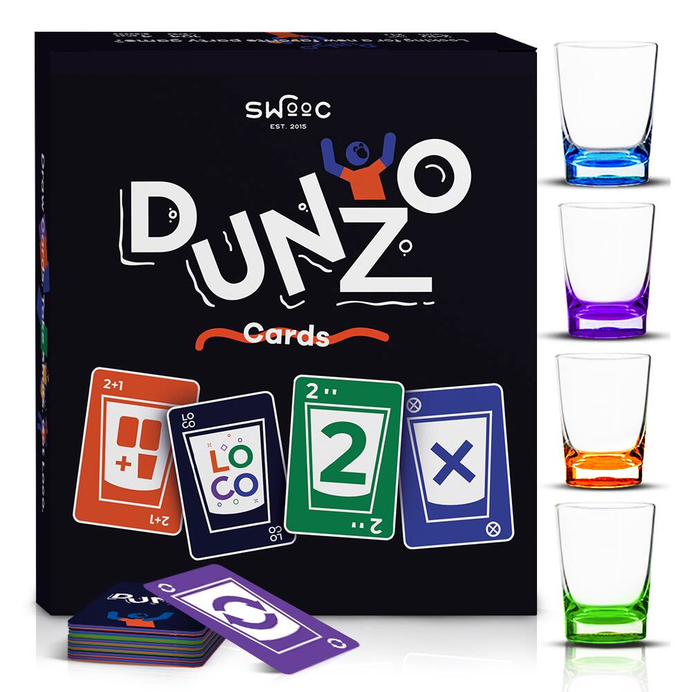 Swooc Games - DUNZO - Hydrating Version of Classic Card Game w/ 4 Unbreakable Glasses - Draw Two, Skip, Reverse, Get Loco - Card Game - Multicolored