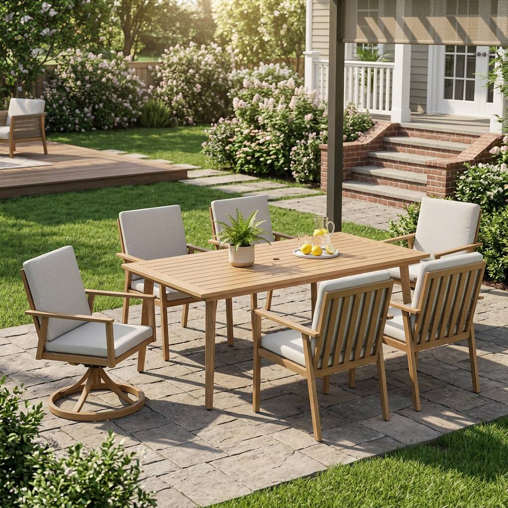 Angle. Mondawe - 7-Piece Outdoor Aluminum Patio Dining Set, Dining Table with 2 Swivel Chairs and 4 Dining Chairs - Brown.