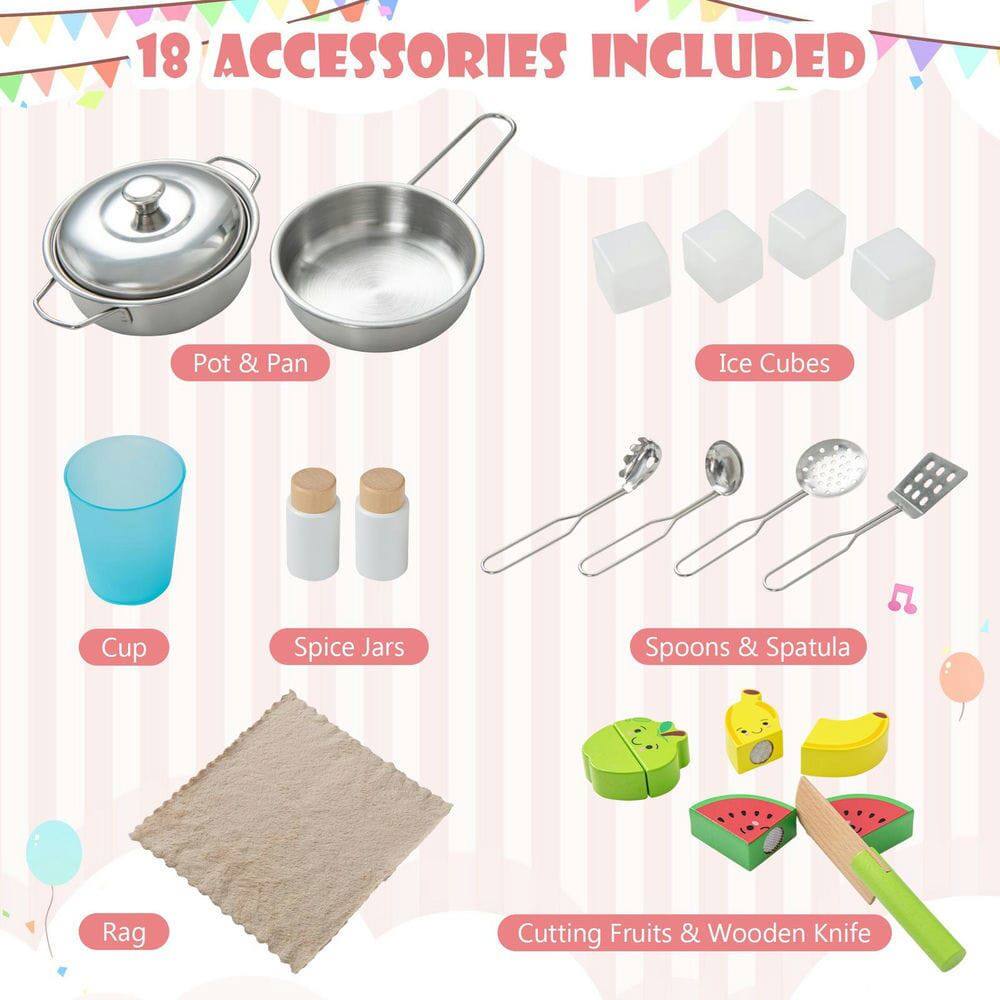 18 ACCESSORIES INCLUDED

- Pot & Pan
- Ice Cubes
- Cup
- Spice Jars
- Spoons & Spatula
- Rag
- Cutting Fruits & Wooden Knife