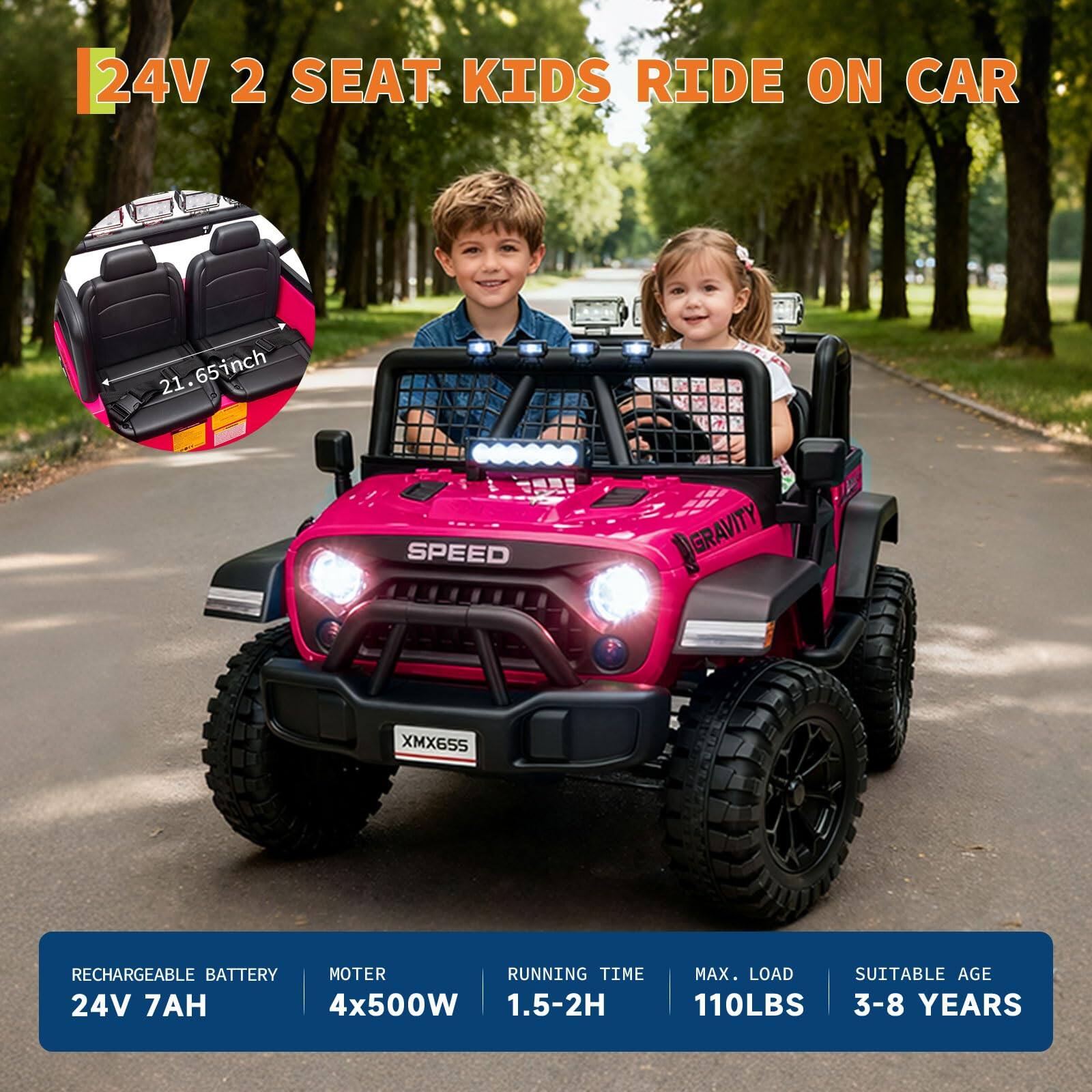 24V 2 Seat Kids Ride On Car

- 21.65 inch
- Gravity XMX655
- Rechargeable Battery: 24V 7AH
- Motor: 4x500W
- Running Time: 1.5-2H
- Max. Load: 110LBS
- Suitable Age: 3-8 Years
