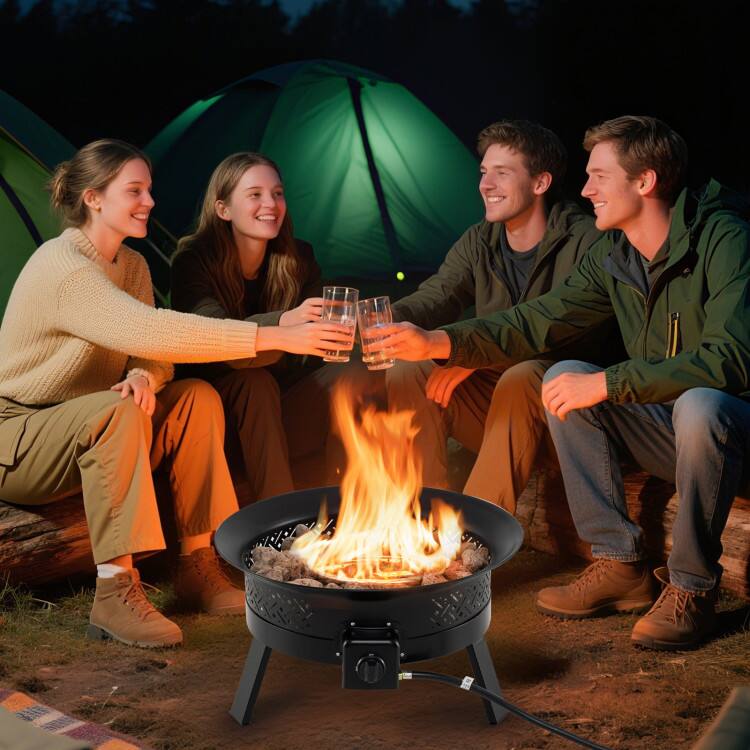 Angle. Mondawe - 24.5 Inch Portable Propane Fire Pit with Carry Strap and Folding Legs - Black.