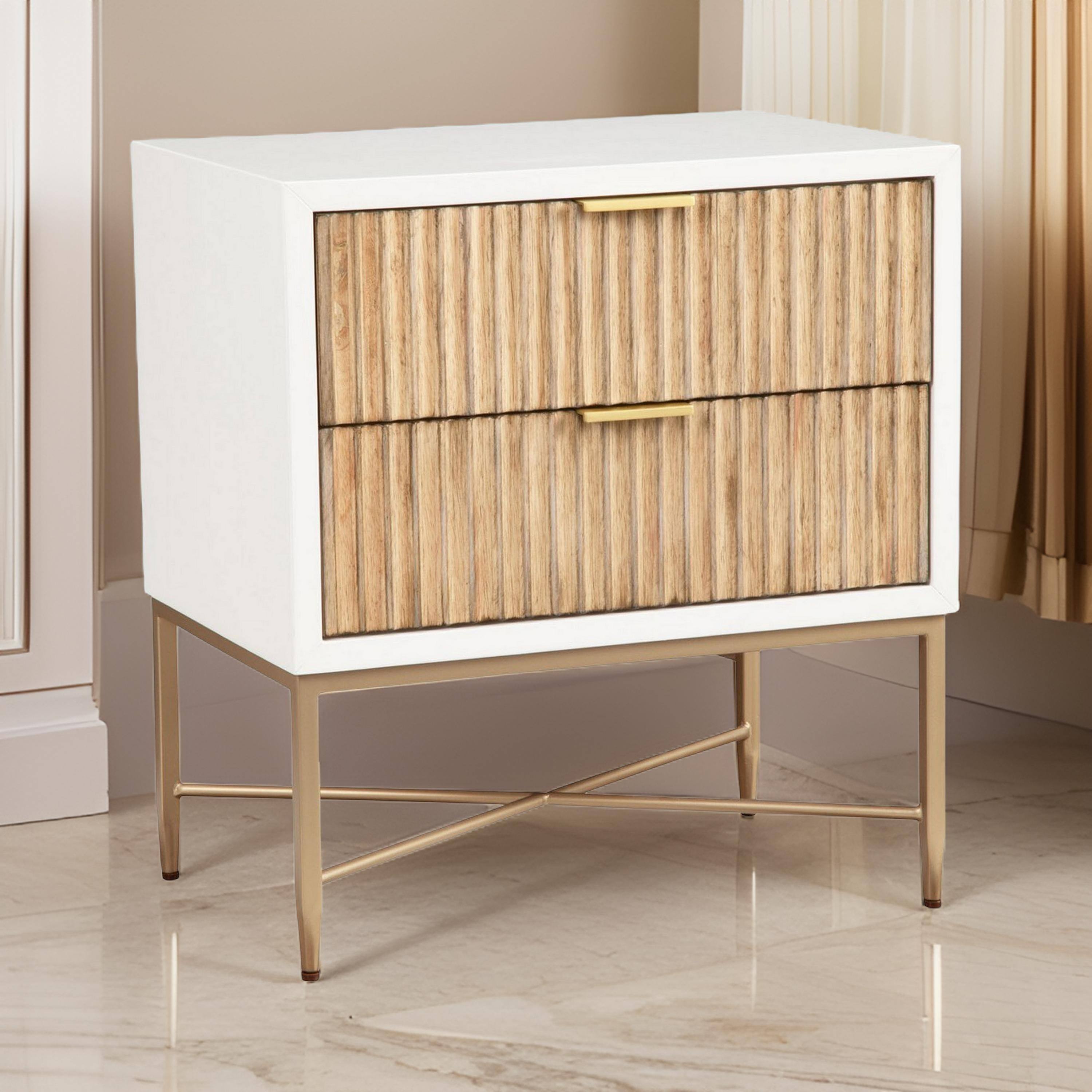 Alt View 4. Manhattan Lane - Eli 26 Inch 2 Drawer Nightstand, Corrugated Panels,  Metal Frame, - White, Brown, Gold.