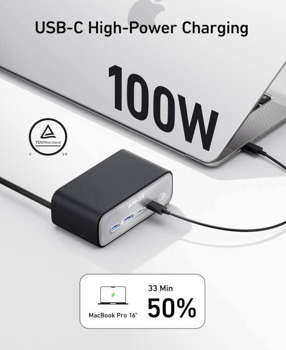 USB-C High-Power Charging  
100W  

TUV Rheinland  
C U S  

ANKER  

33 Min  
50%  

MacBook Pro 16"