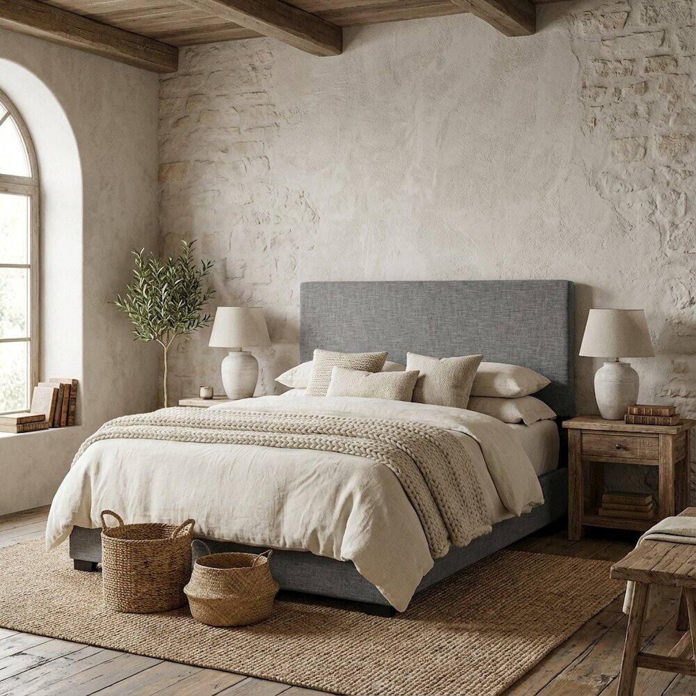 Angle. FurniFact - Upholstered Linen Fabric Full Queen Headboard with Padded Design - Gray.