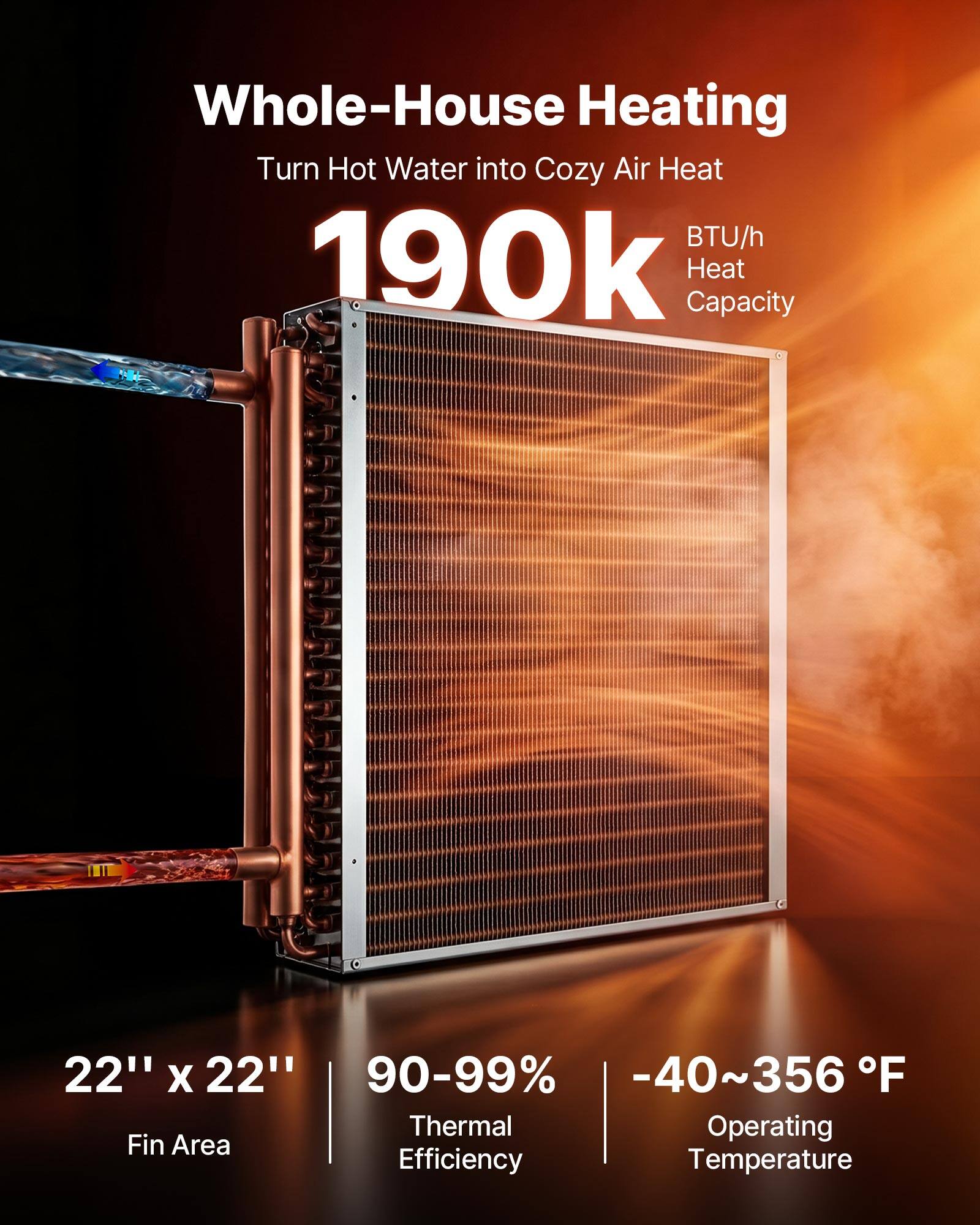 Whole-House Heating  
Turn Hot Water into Cozy Air Heat  
190k BTU/h Heat Capacity  

22" x 22" Fin Area  
90-99% Thermal Efficiency  
-40~356 °F Operating Temperature