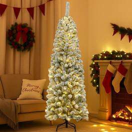 BreeBe - Pre-Lit 6FT Snow Flocked Pencil Christmas Tree – 250 LED Lighted Artificial Tree - Green