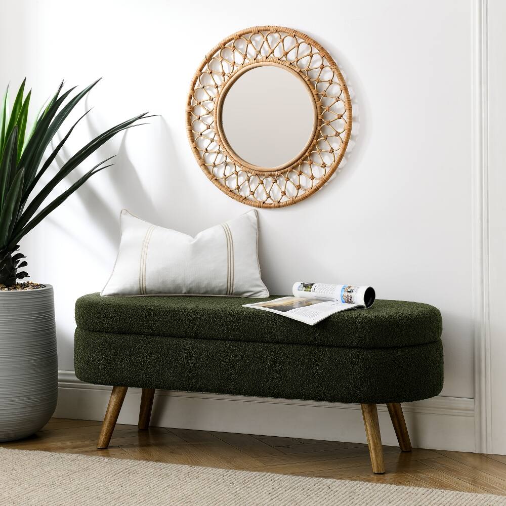 Front. Ropilly - Ropilly Green Oval Storage Ottoman Bench with Rubber Wood Legs, Pleated Fabric Footstool Seat for Living Room, 43.5 Inch - Green.