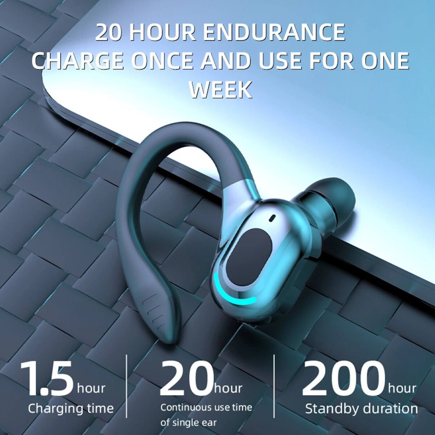 20 HOUR ENDURANCE  
CHARGE ONCE AND USE FOR ONE WEEK  

1.5 hour Charging time  
20 hour Continuous use time of single ear  
200 hour Standby duration