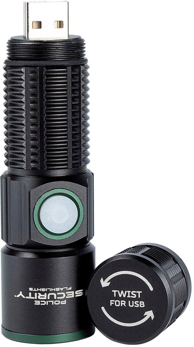 The image features a black flashlight with a USB connector on the end, along with a small black cap. The flashlight is designed for security purposes and is also suitable for use by police officers. The flashlight is equipped with a twist feature, which allows for easy operation and control. The USB connector enables the flashlight to be charged and powered by a USB port, making it a convenient and versatile tool for various situations.