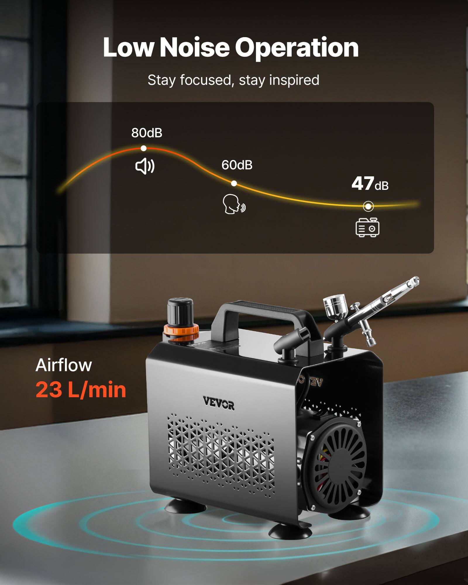 Low Noise Operation  
Stay focused, stay inspired  

80dB  
60dB  
47dB  

Airflow  
23 L/min  

VEVOR