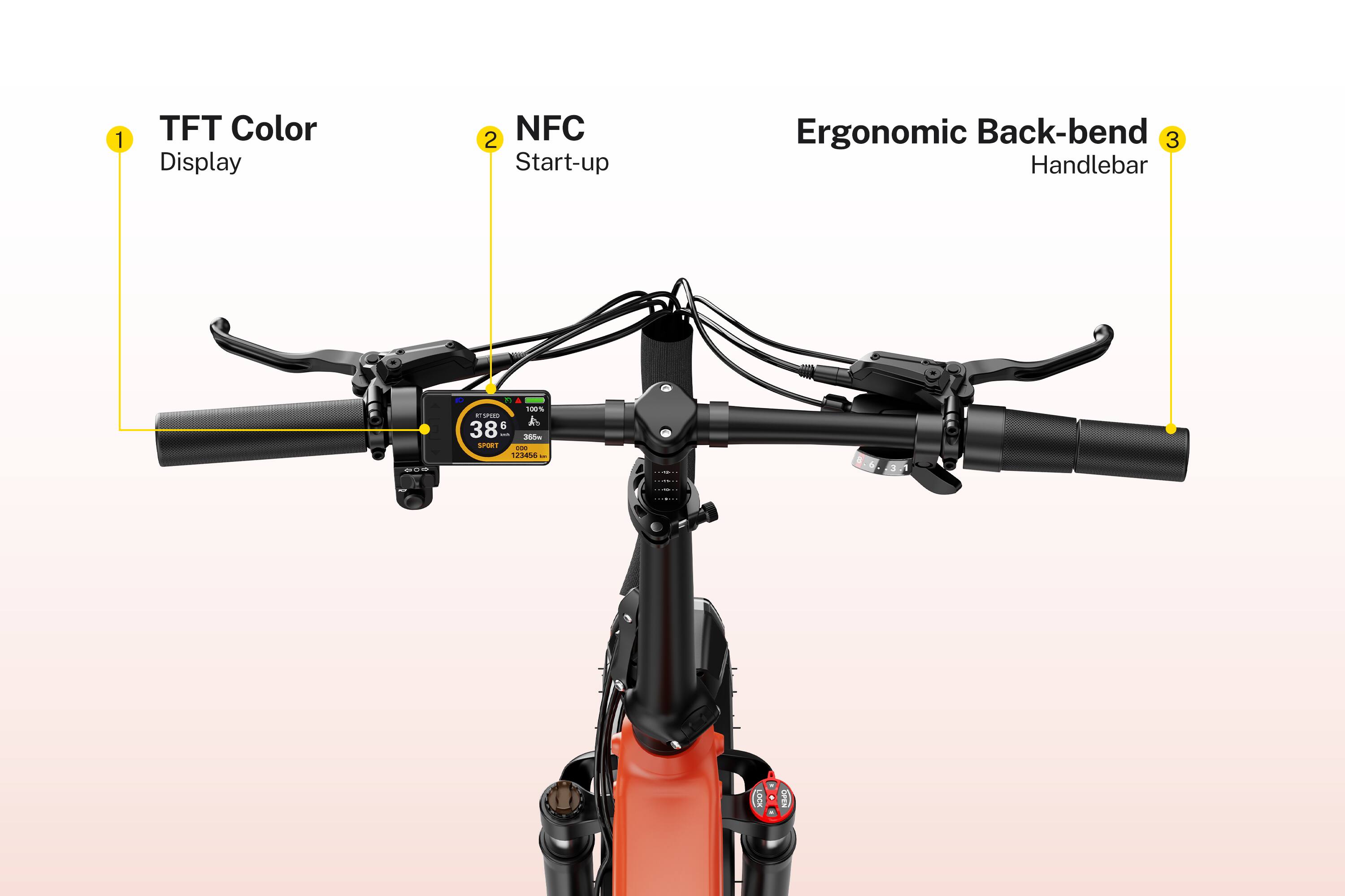 1. TFT Color Display  
2. NFC Start-up  
3. Ergonomic Back-bend Handlebar  

100% RiSPORO  
5 A  
38s - 3lde SPERTT - 12:34M6  
OCK NA