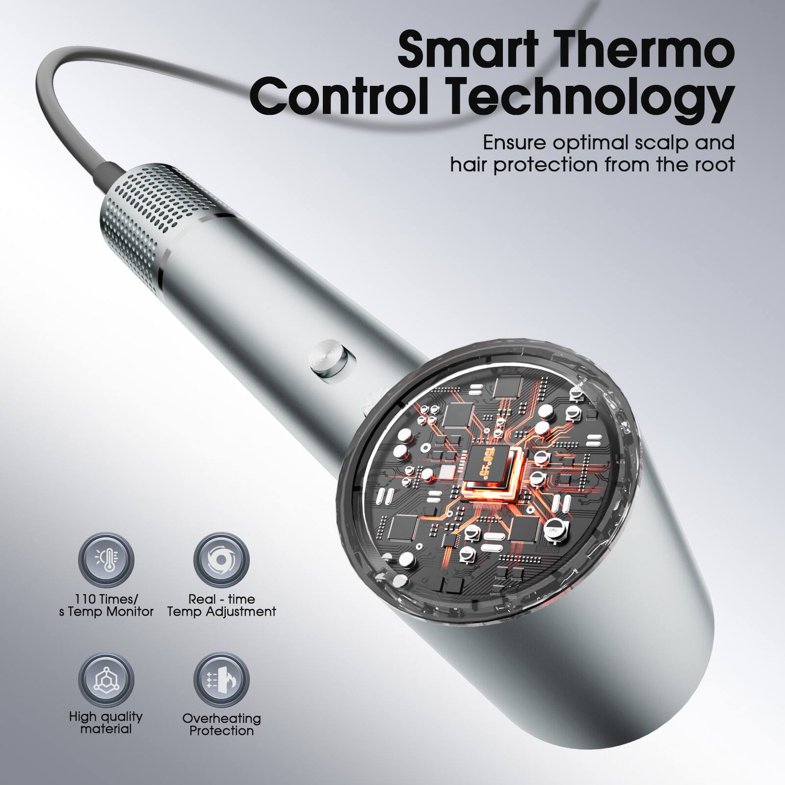 Smart Thermo Control Technology  
Ensure optimal scalp and hair protection from the root  

110 Times/ s Temp Monitor  
Real-time Temp Adjustment  
High quality material  
Overheating Protection