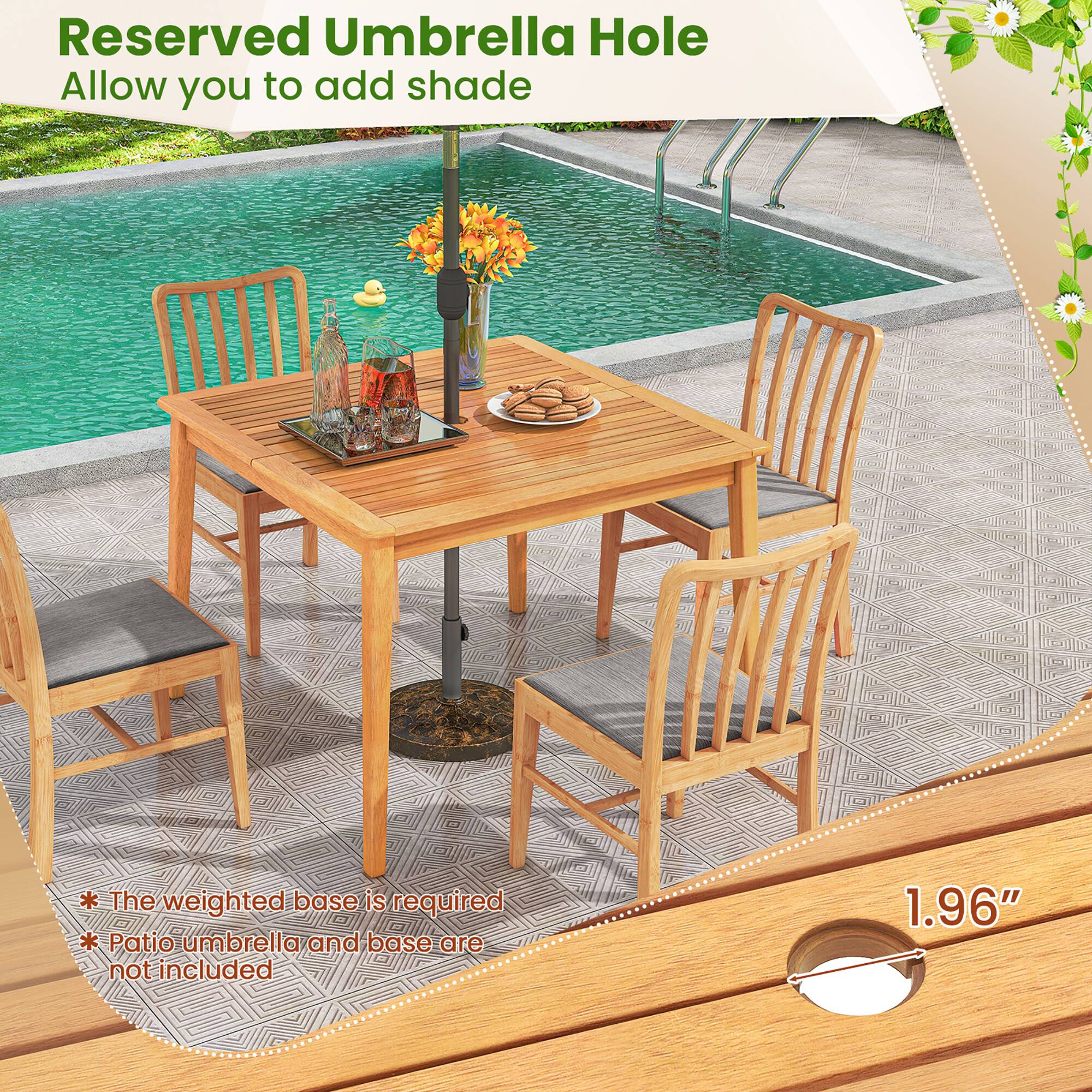 Reserved Umbrella Hole  
Allow you to add shade  

* The weighted base is required  
* Patio umbrella and base are not included  

1.96"