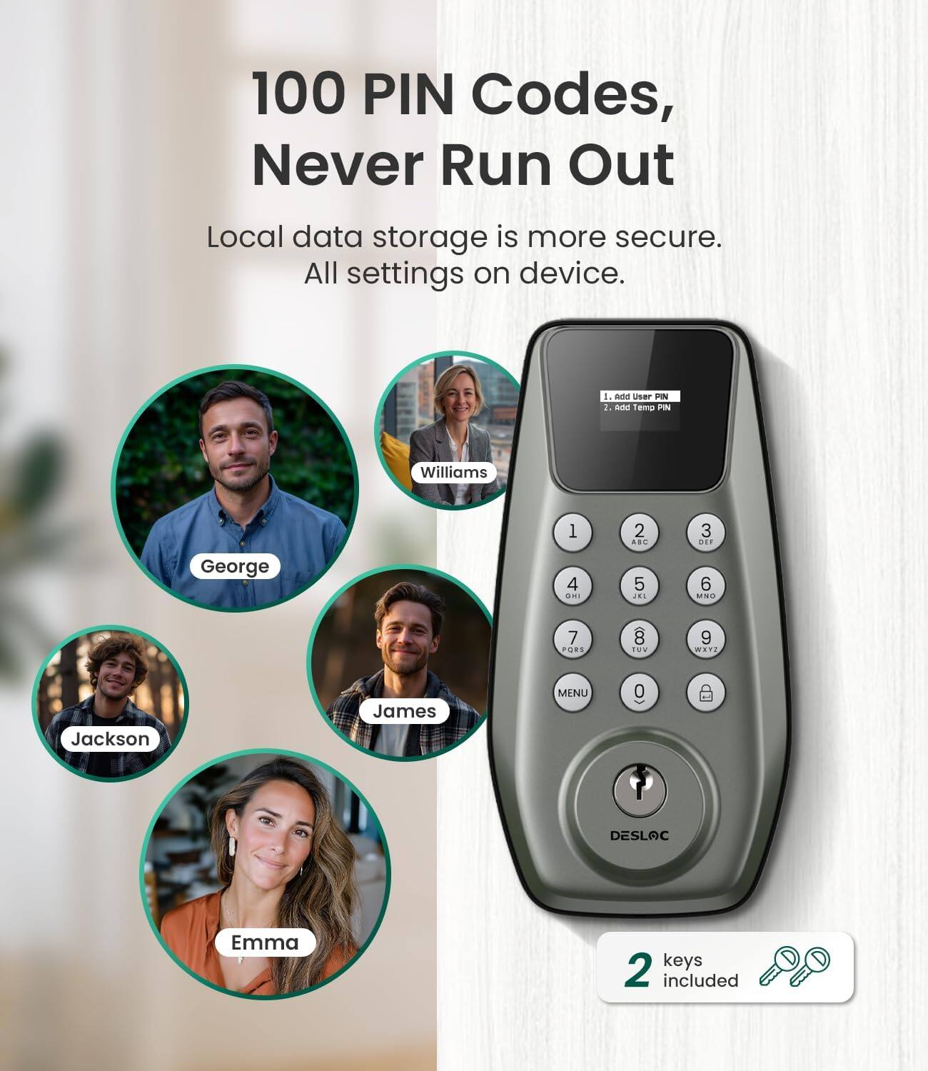 DESLOC C100 Smart Door Lock with Visible Display, Smart Keypad Deadbolt ...
