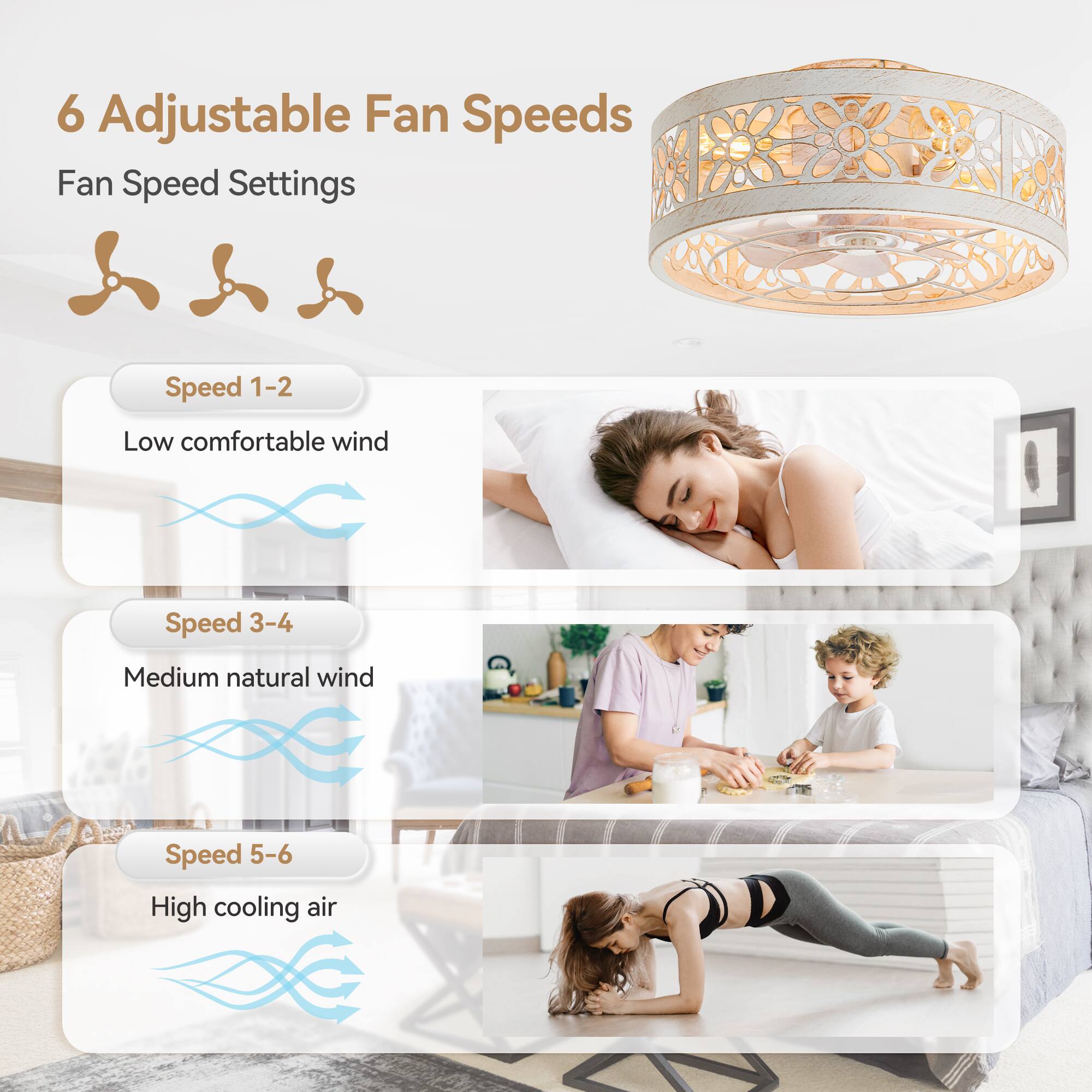 6 Adjustable Fan Speeds
Fan Speed Settings
Speed 1-2 Low comfortable wind
Speed 3-4 Medium natural wind
Speed 5-6 High cooling air
