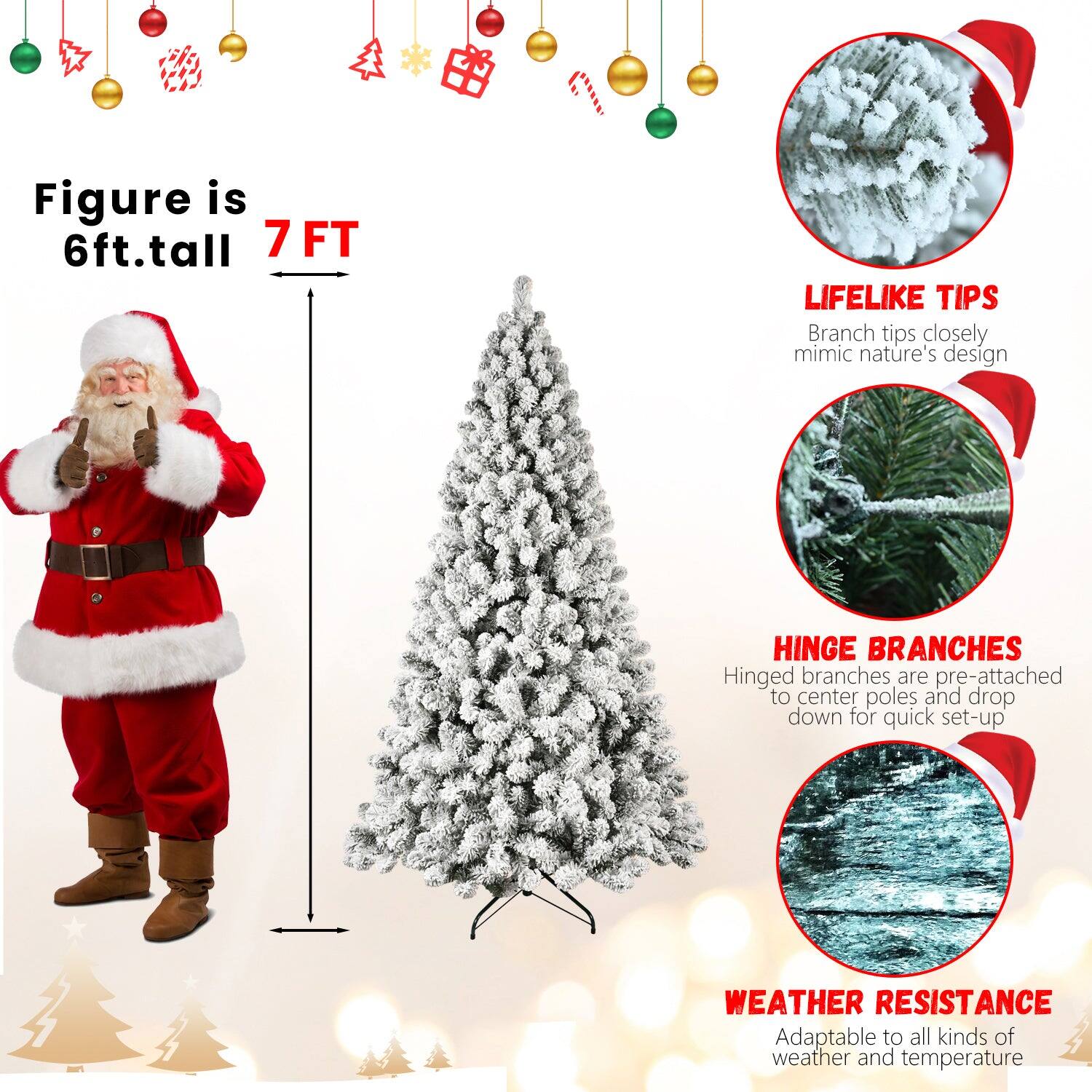 - Figure is 6ft. tall
- 7 FT
- LIFELIKE TIPS: Branch tips closely mimic nature's design
- HINGE BRANCHES: Hinged branches are pre-attached to center poles and drop down for quick set-up
- WEATHER RESISTANCE: Adaptable to all kinds of weather and temperature