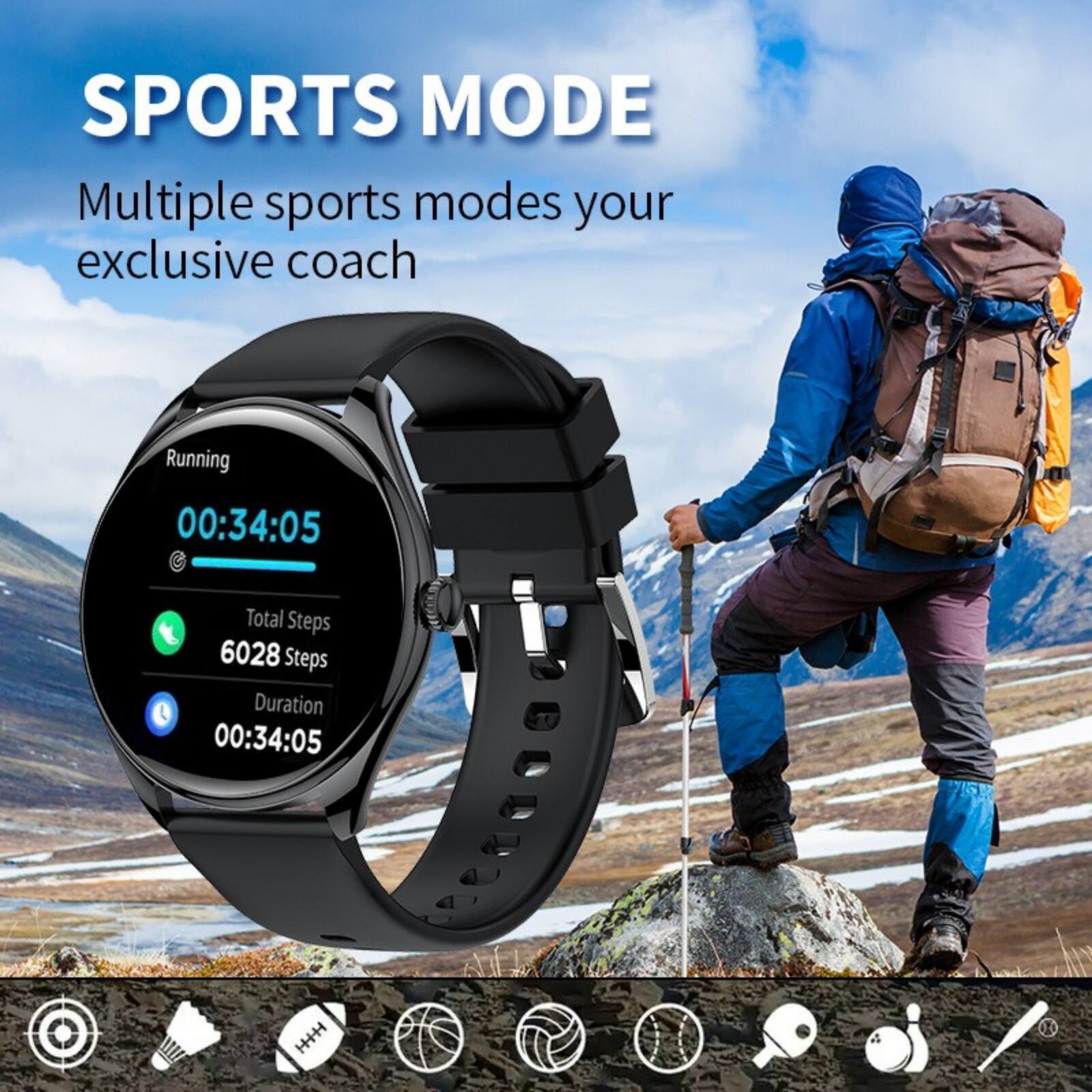 SPORTS MODE  
Multiple sports modes your exclusive coach  

Running  
00:34:05  

Total Steps  
6028 Steps  

Duration  
00:34:05
