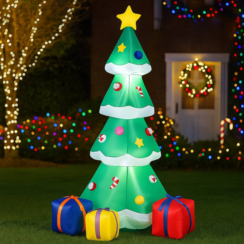 Angle. BreeBe - 6ft Inflatable Christmas Tree with Gift Boxes Outdoor Holiday Décor - Multicolor.