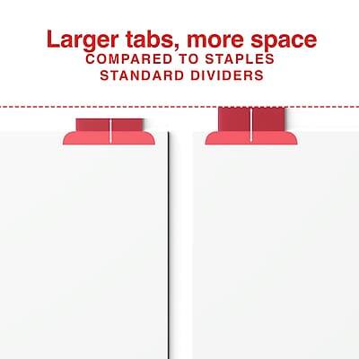 Larger tabs, more space  
COMPARED TO STAPLES STANDARD DIVIDERS