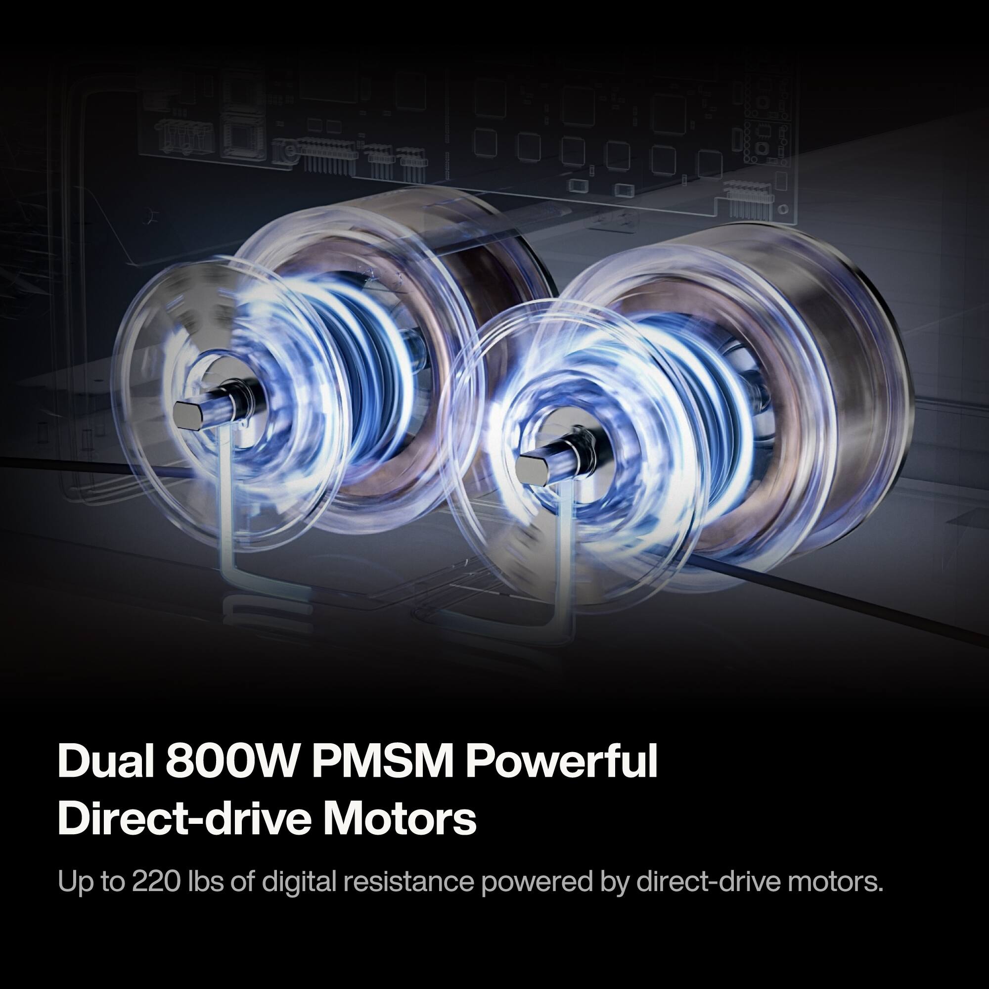 Dual 800W PMSM Powerful Direct-drive Motors  
Up to 220 lbs of digital resistance powered by direct-drive motors.