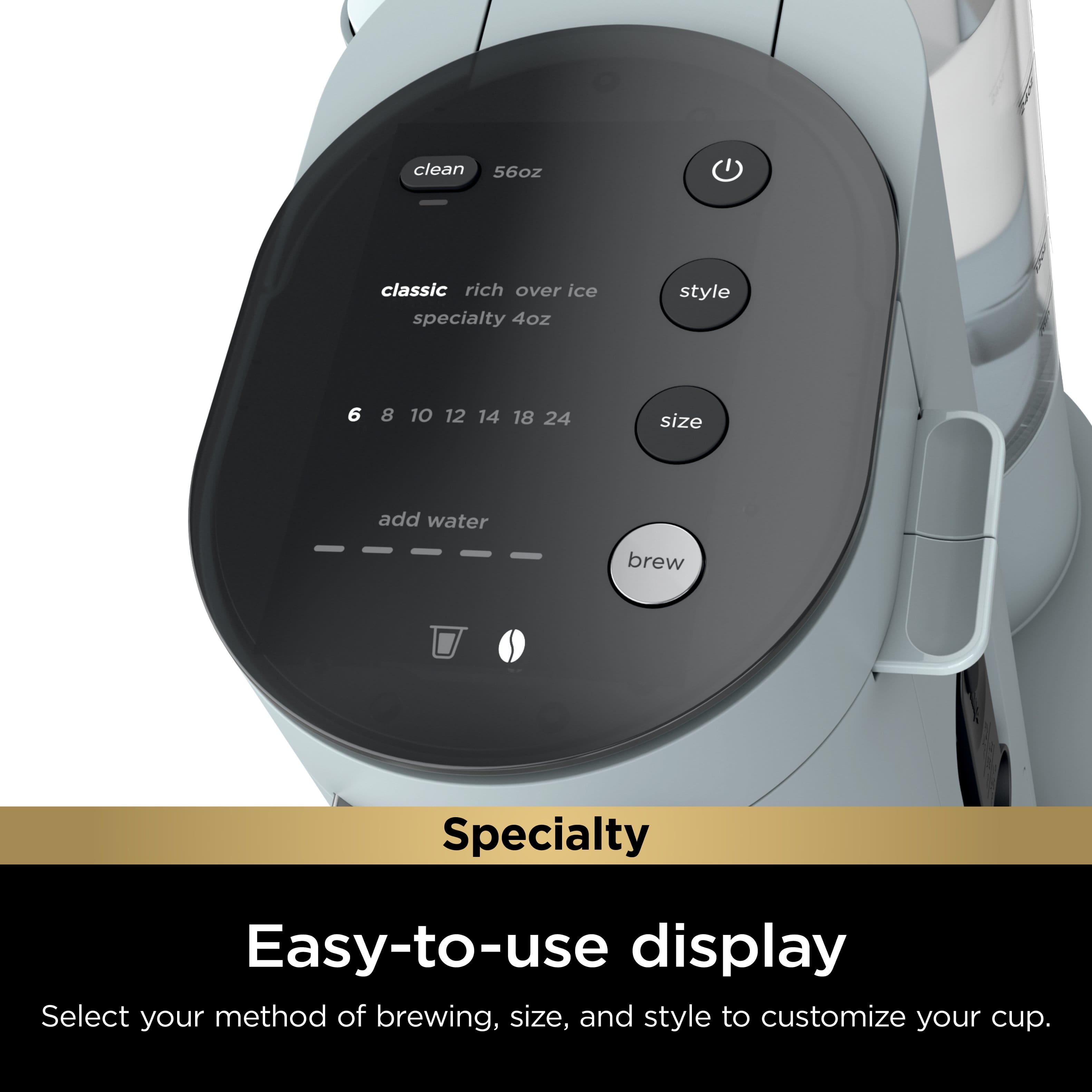 The image features a coffee maker with a display screen that allows users to select their preferred method of brewing, size, and style to customize their cup. The coffee maker has a "Classic" option, which is rich over ice, and a "Specialty" option that offers a variety of choices. The display screen is easy to use and provides a clear, straightforward way for users to personalize their coffee experience.