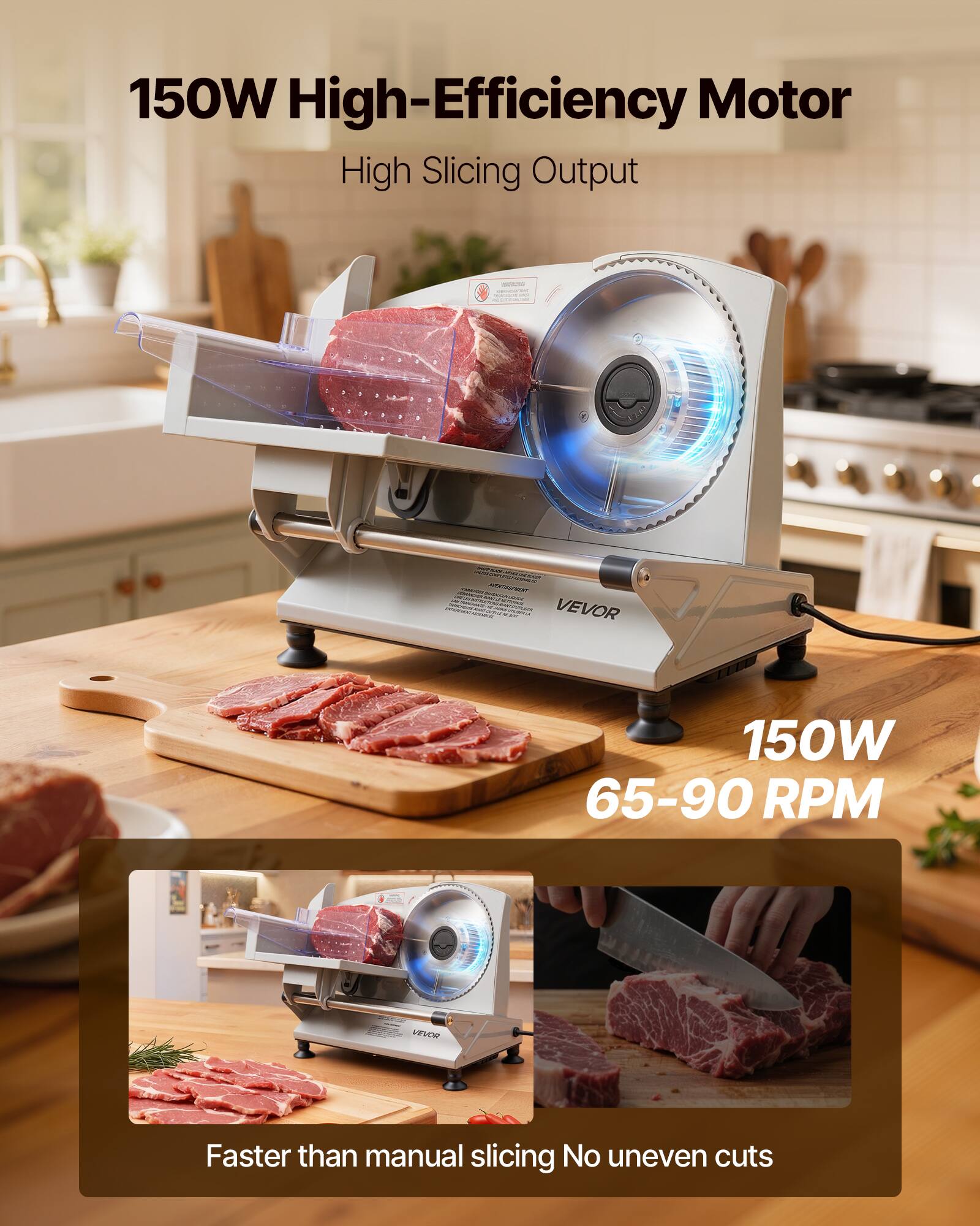 150W High-Efficiency Motor  
High Slicing Output  

150W 65-90 RPM  

Faster than manual slicing  
No uneven cuts