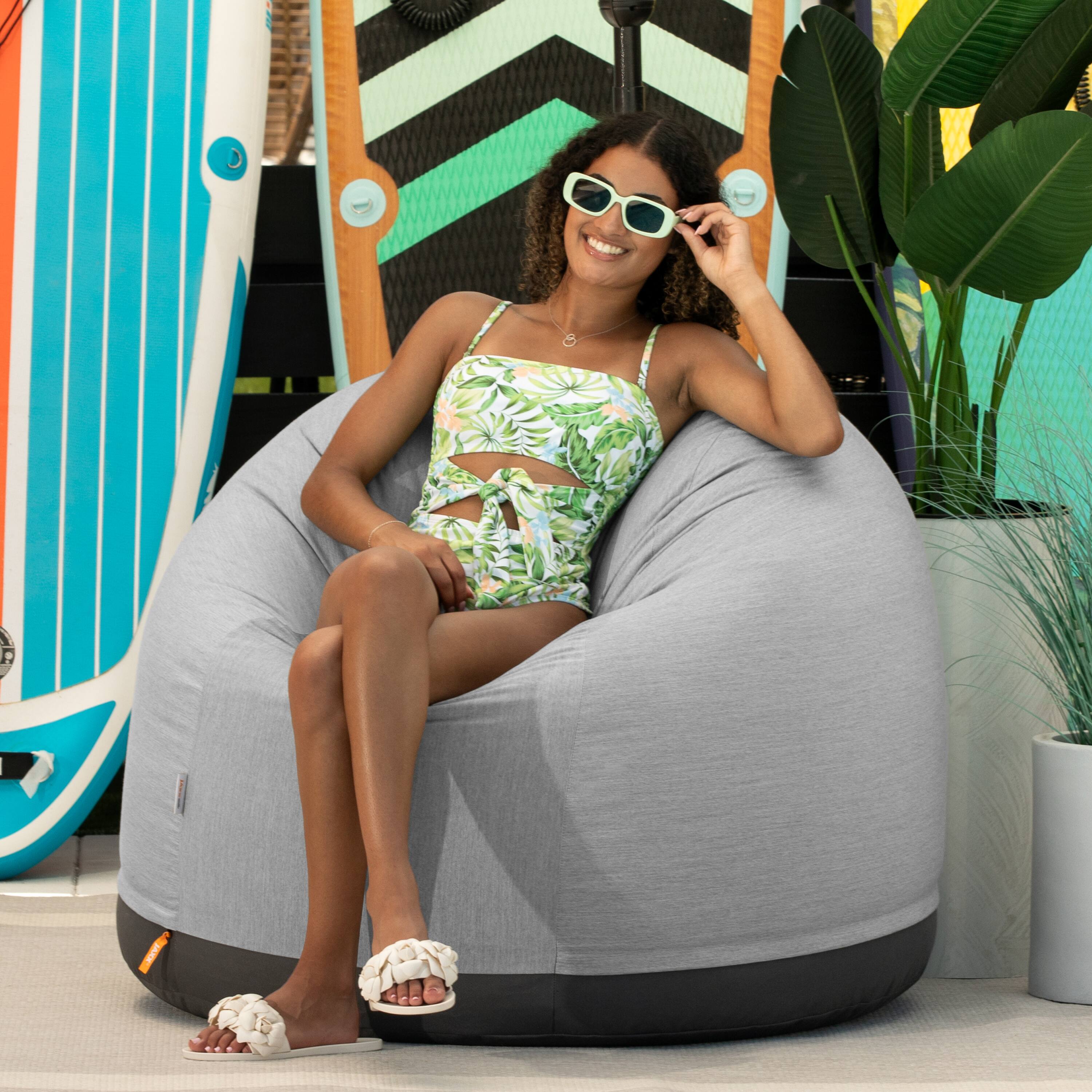 Angle. Jaxx - Jaxx Palmetto Large Round Outdoor Bean Bag Club Chair - Sunbrella Granite - Granite.