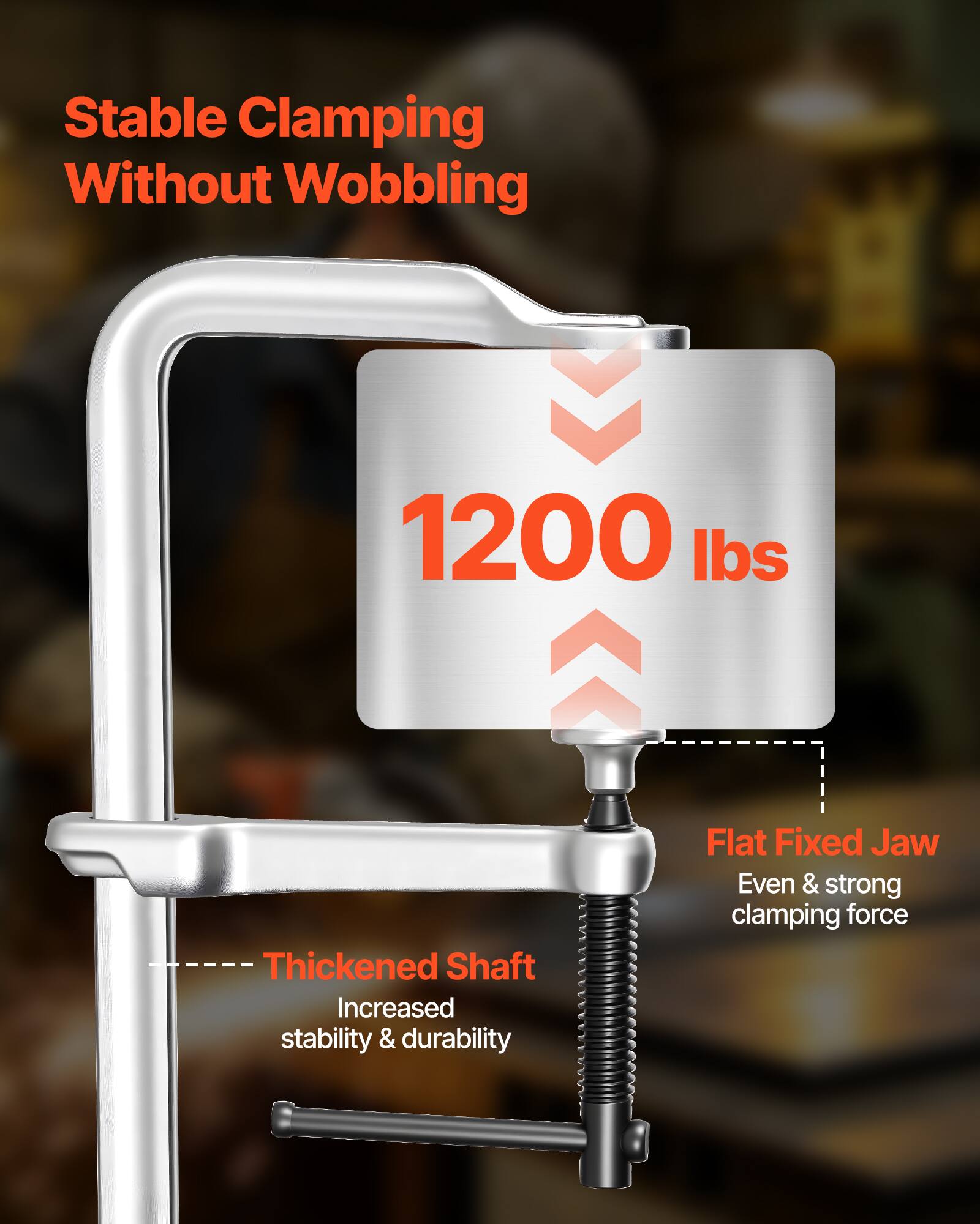Stable Clamping Without Wobbling  
1200 lbs  
Thickened Shaft  
Increased stability & durability  
Flat Fixed Jaw  
Even & strong clamping force