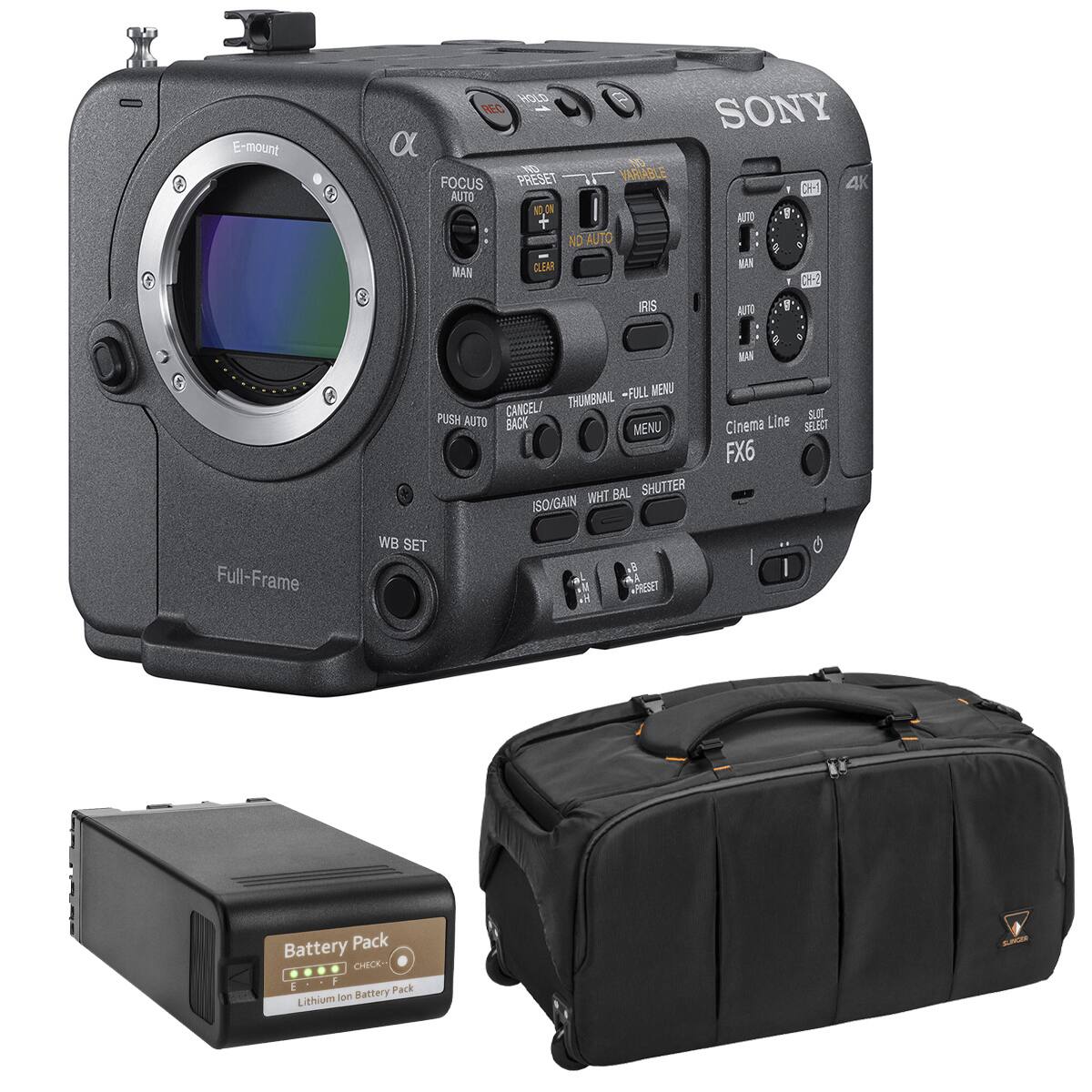 E-mount

HOLD REC SONY

FOCUS AUTO MAN

ND VARIABLE

PRESET 4K

CH-1 AUTO MAN

CH-2 IRIS AUTO MAN

FULL MENU CANCEL THUMBNAIL PUSH AUTO BACK MENU

WHT BAL SHUTTER ISO/GAIN WB SET

SLOT Cinema Line SELECT FX6

Battery Pack CHECK-- F E Pack Lithium Ion Battery

Full-Frame