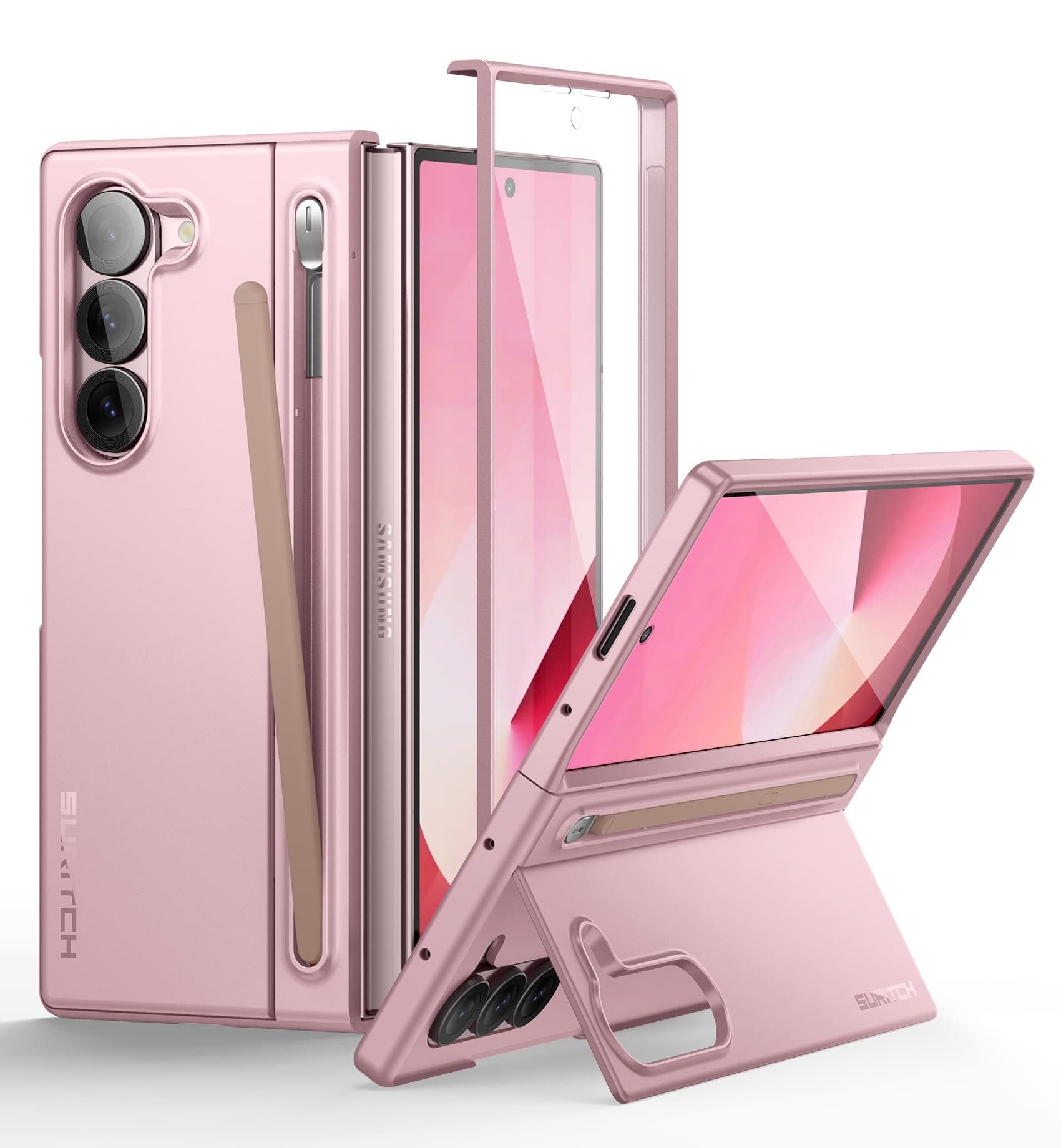 SURITCH - Phone Case for Samsung Galaxy Z Fold 6 with Kickstand & S Pen Holder & Screen Protector, Shockproof Bumper Cover - Pink