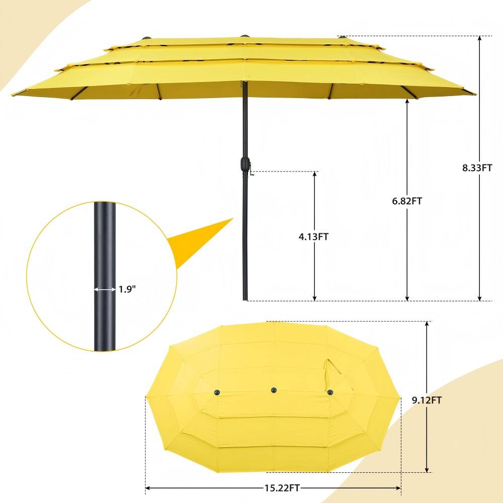 Height: 8.33FT
Width: 15.22FT
Length: 9.12FT
Pole: 1.9"
Opened: 6.82FT
Closed: 4.13FT