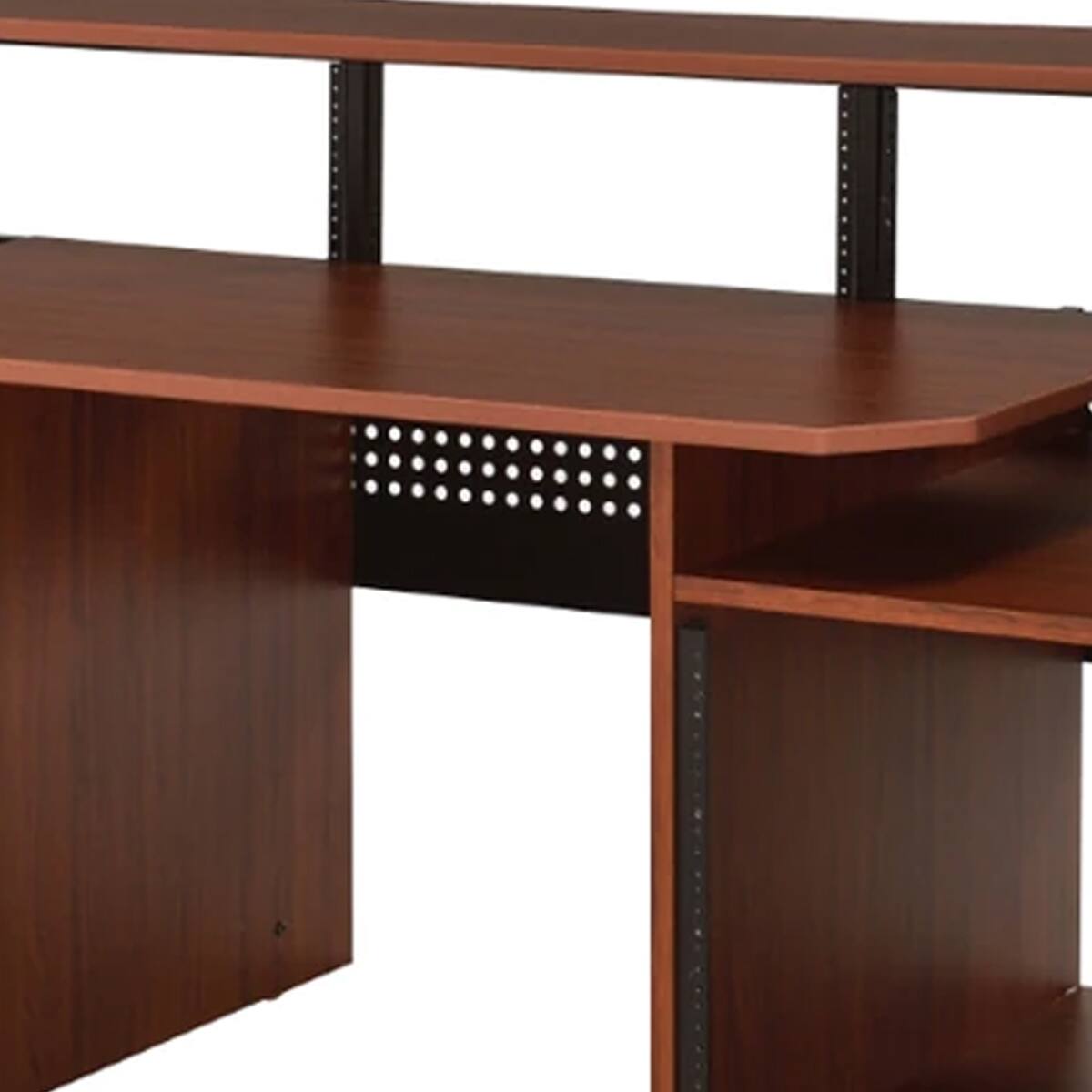 Left. Manhattan Lane - 71 Inch Wood Music Desk Studio Workstation, 3 Shelves, Cherry Brown - Brown.