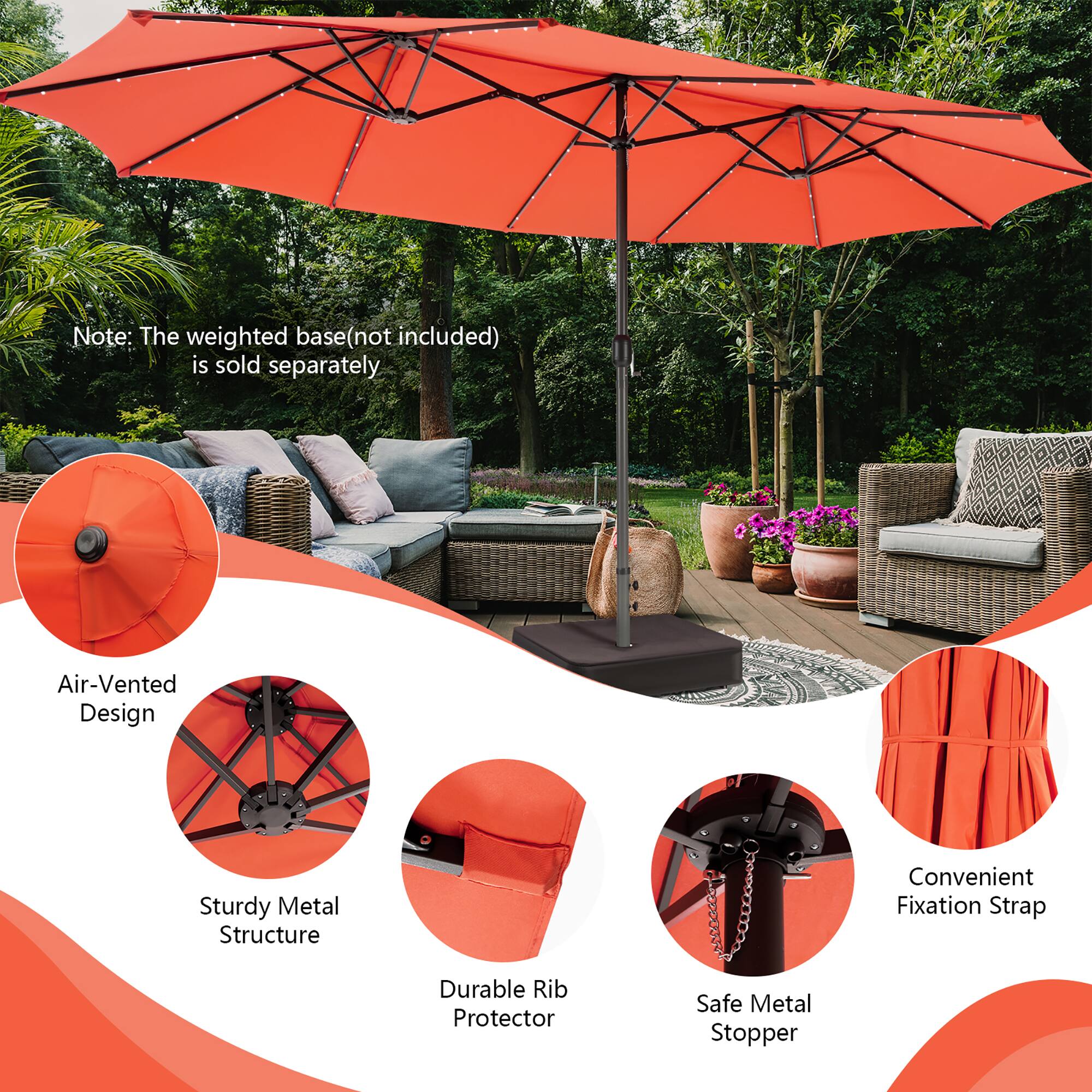 The image features a large orange umbrella, which is air-vented and has a sturdy metal structure. It also comes with a convenient fixation strap and a durable rib protector. Additionally, the umbrella has a safe metal stopper.